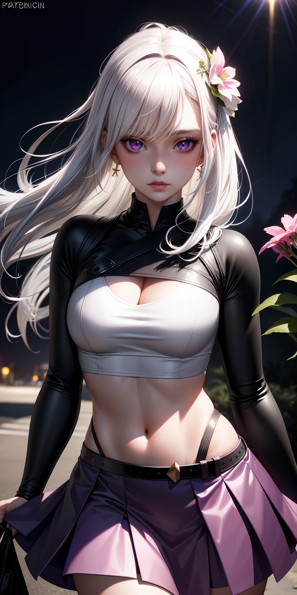 realistic, 1girl, white hair, purple eyes, glowing eyes, crop top, skirt, parted lips, blush, night, flowers, sun, sunlight,