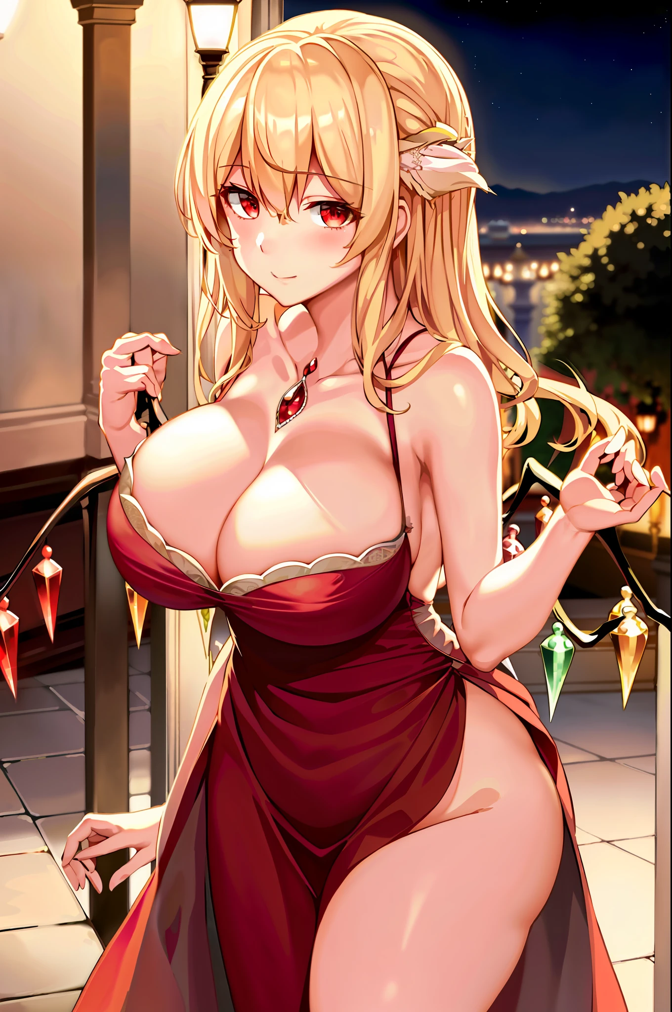 (Delicate hand depiction) (Veranda at night) ((Colossal breasts 2.5)) (Adult 2.5) (Flandre Scarlett) (Flappai 1.5) (Crimson eyes 1.5) Grown body Big breasts Boobs Cleavage (Gentle MILF) Blonde Long Hair Dress Long Skirt Smiling