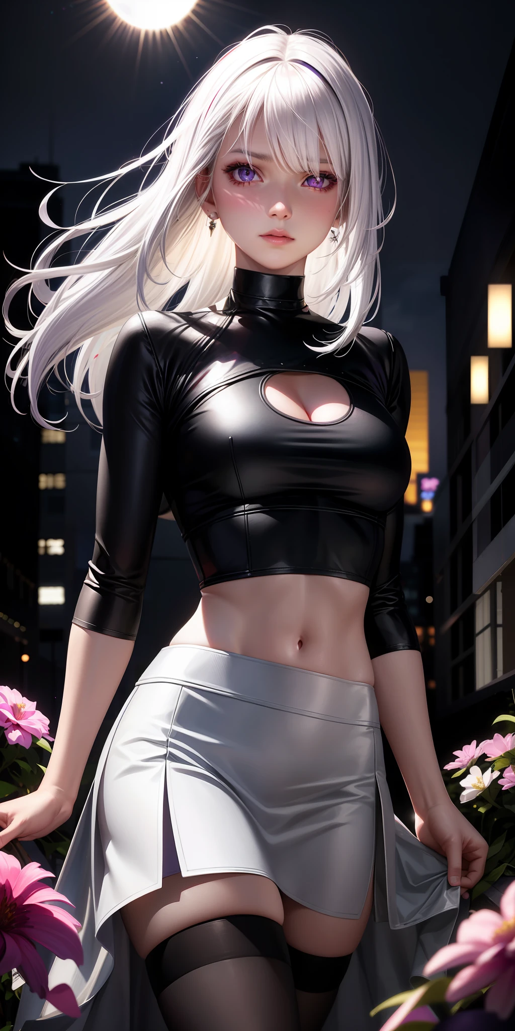 realistic, 1girl, white hair, purple eyes, glowing eyes, crop top, skirt, parted lips, blush, night, flowers, sun, sunlight,