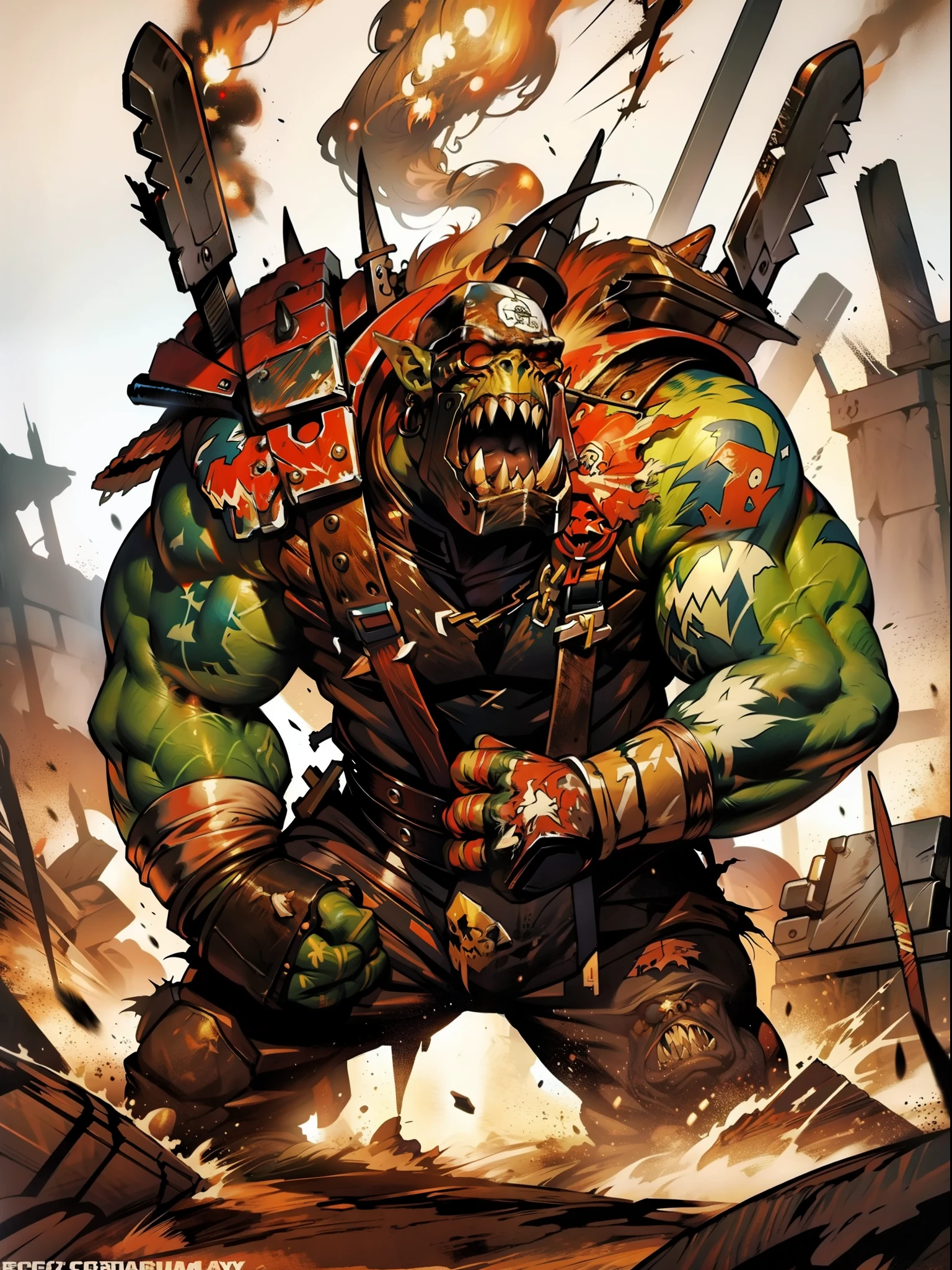 Um ogro musculoso pousando para foto no estilo Simon Bisley para a capa da revista Heavy Metal, roupa de Rugby, tatuagens coloridas, roupa como uma armadura de gladiador moderno, hand painting, oilpainting, muito contraste, standing up, pousando