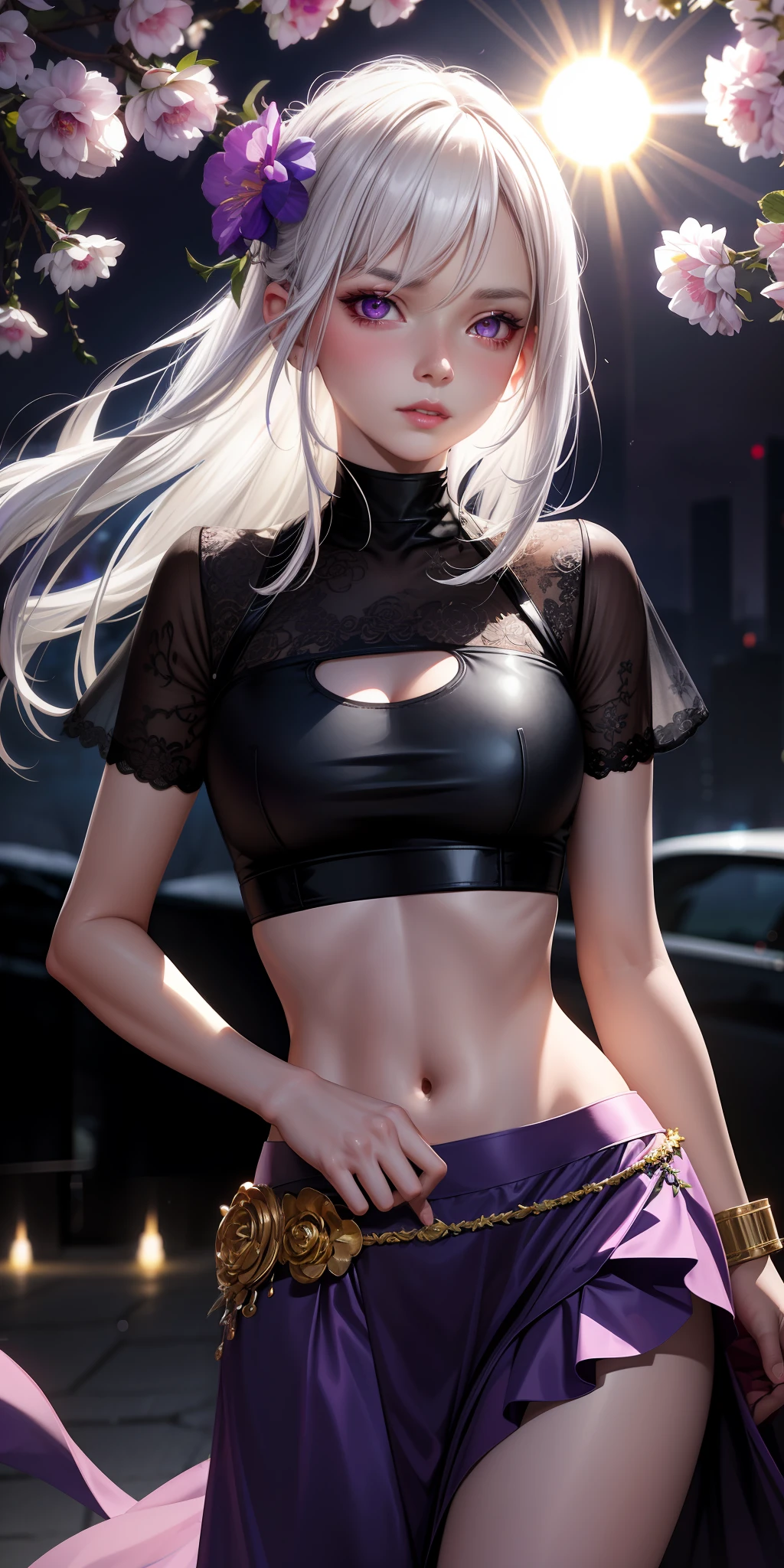 realistic, 1girl, white hair, purple eyes, glowing eyes, crop top, skirt, parted lips, blush, night, flowers, sun, sunlight,