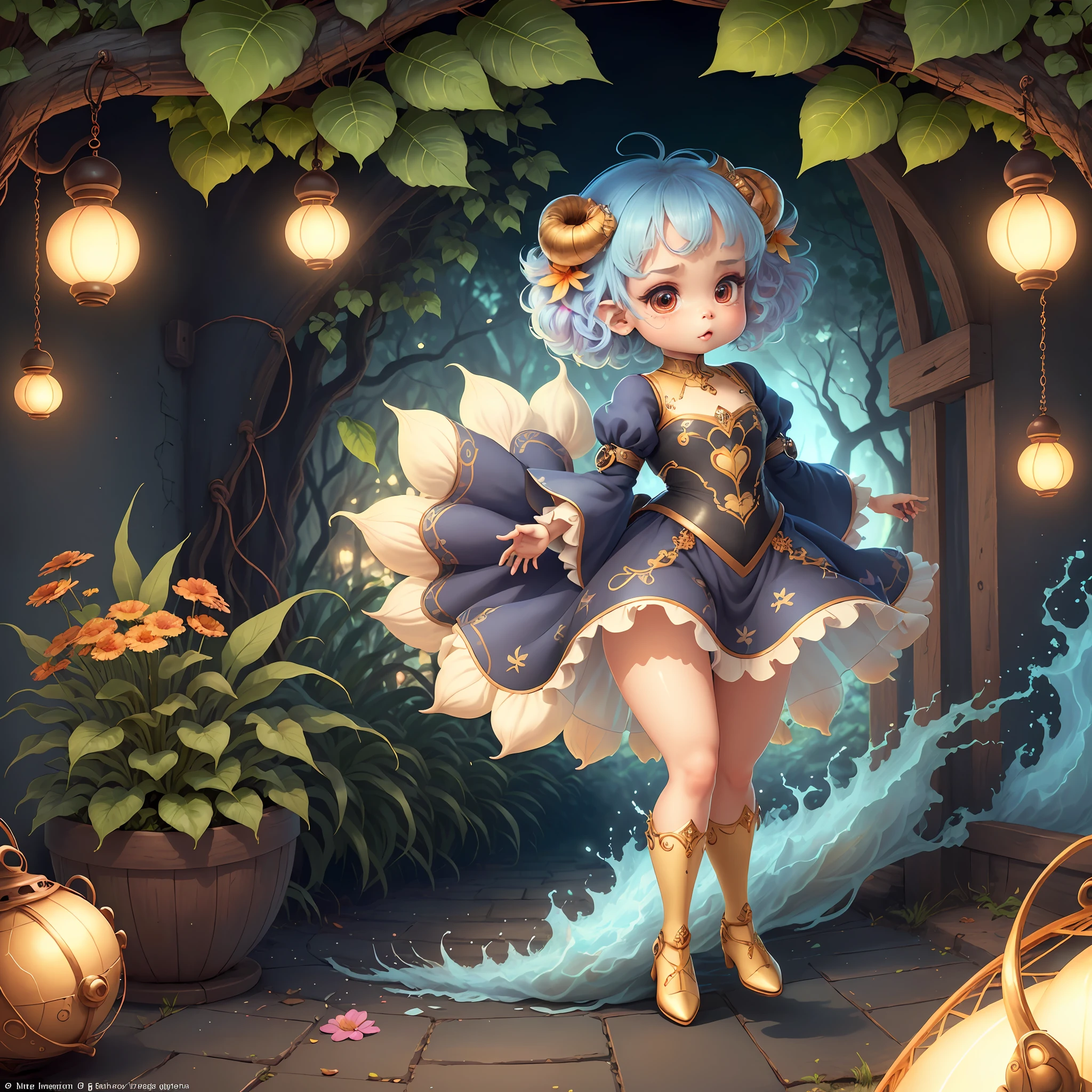 (extremely cute and delicate CG illustration, ultra-detailed and ultra-high quality), best illumination, best shadow, an extremely cute and adorable cu73cre4ture (agama), with big round eyes and a small cute mouth, small horns on its head, vibrant and vivid colors, dynamic angle, dynamic pose, floating, in a magical and enchanting place, with lush vegetation and vibrant flowers.