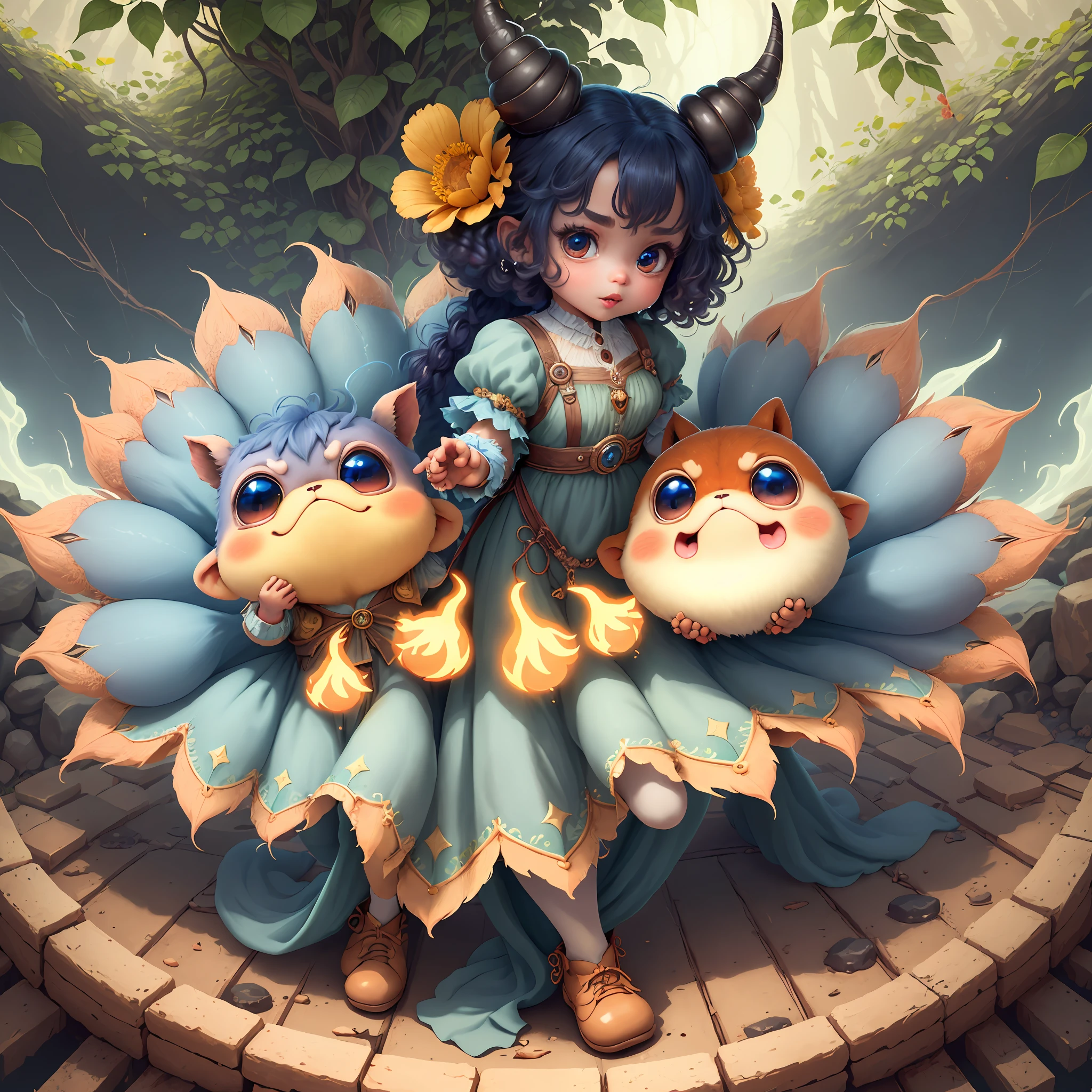 (extremely cute and delicate CG illustration, ultra-detailed and ultra-high quality), best illumination, best shadow, an extremely cute and adorable cu73cre4ture (agama), with big round eyes and a small cute mouth, small horns on its head, vibrant and vivid colors, dynamic angle, dynamic pose, floating, in a magical and enchanting place, with lush vegetation and vibrant flowers.