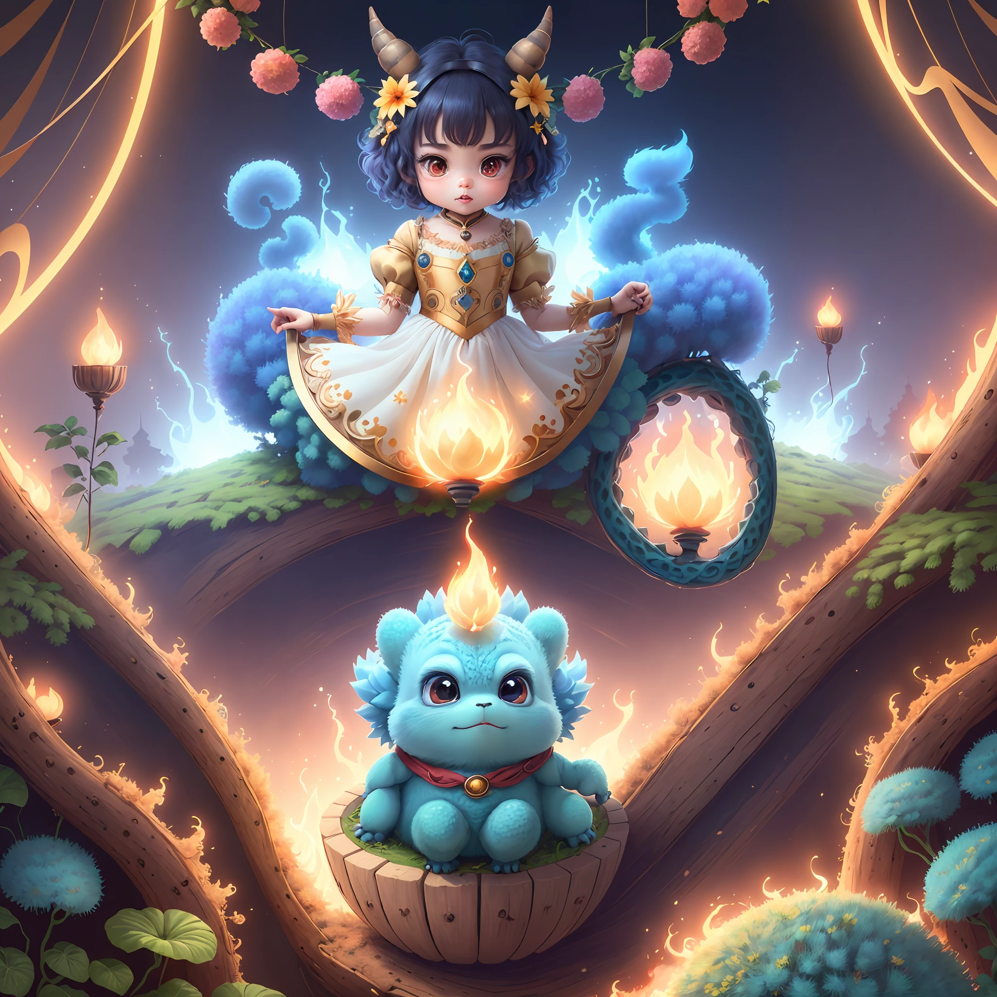 (extremely cute and delicate CG illustration, ultra-detailed and ultra-high quality), best illumination, best shadow, an extremely cute and adorable cu73cre4ture (agama), with big round eyes and a small cute mouth, small horns on its head, vibrant and vivid colors, dynamic angle, dynamic pose, floating, in a magical and enchanting place, with lush vegetation and vibrant flowers.