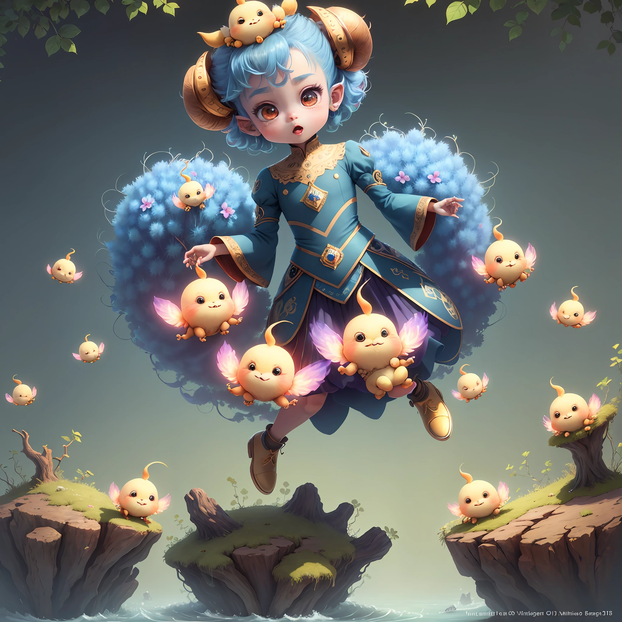 (extremely cute and delicate CG illustration, ultra-detailed and ultra-high quality), best illumination, best shadow, an extremely cute and adorable cu73cre4ture (agama), with big round eyes and a small cute mouth, small horns on its head, vibrant and vivid colors, dynamic angle, dynamic pose, floating, in a magical and enchanting place, with lush vegetation and vibrant flowers.