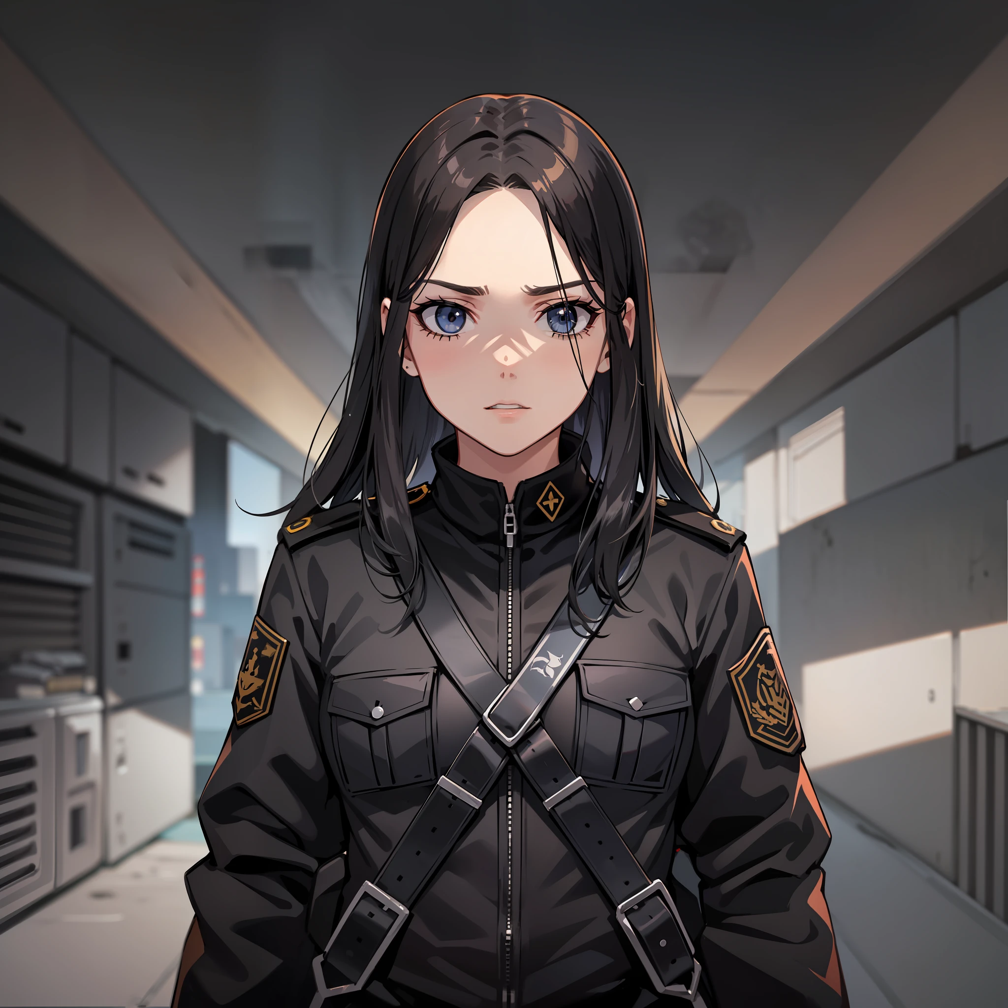 Cidade apocalipse zumbi, uma mulher, roupa militar, ((cabelo preto longo)), olhos azuis, Serious, athletic body, soldada, policia, exercito, roupa longa, ((alta qualidade)), (shadowy lighting), pose dinamica