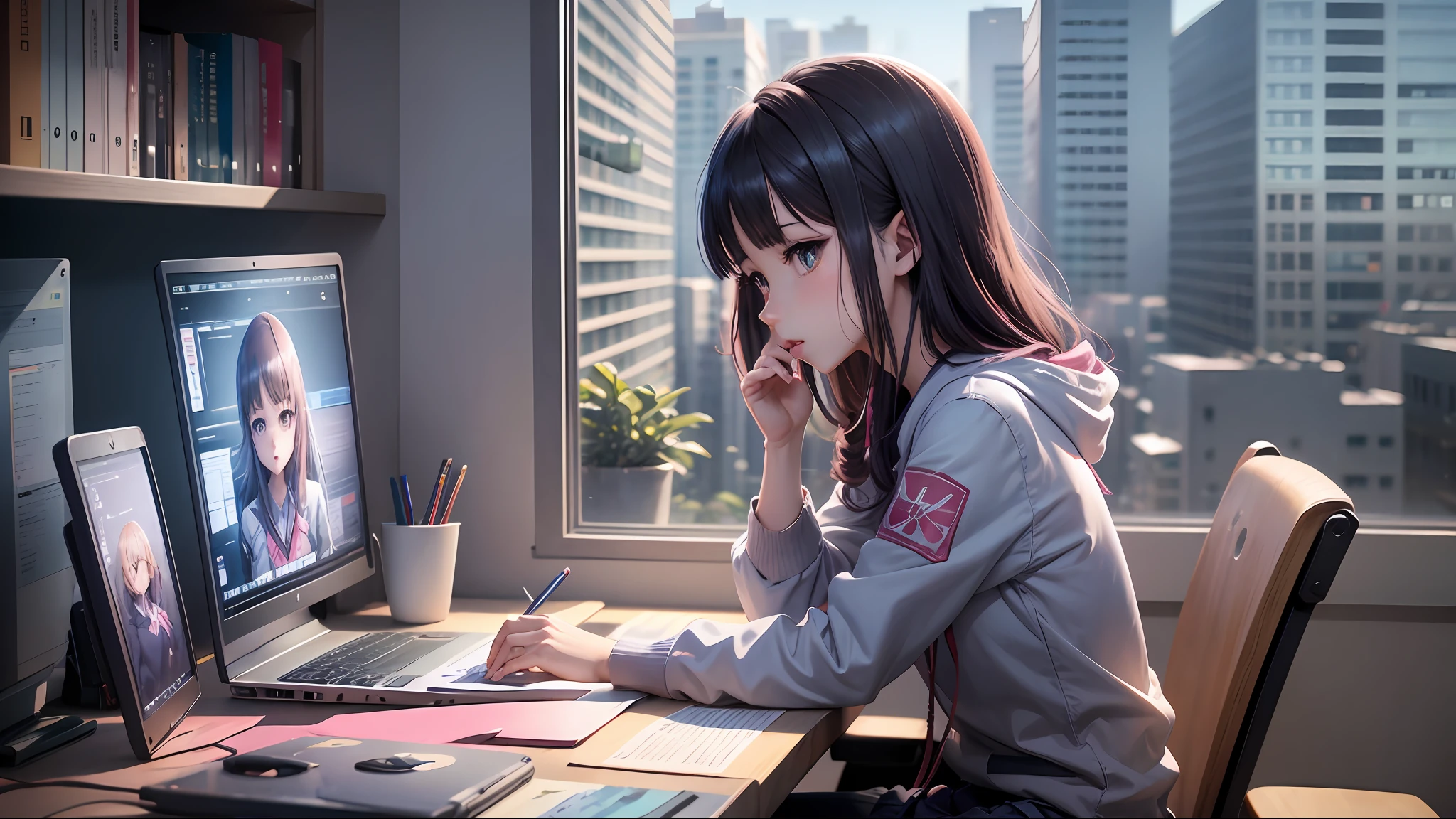 anime girl sitting at a desk with a laptop and papers, anime moe artstyle, digital anime illustration, Estilo anime 4K, Arte Digital Anime detalhada, Anime Art Wallpaper 8K, Arte Digital Anime, arte anime de alta qualidade, Anime Art Wallpaper 4K, Anime Art Wallpaper 4K, Melhor Anime 4K Konachan Wallpaper, arte digital estilo anime --auto --s2