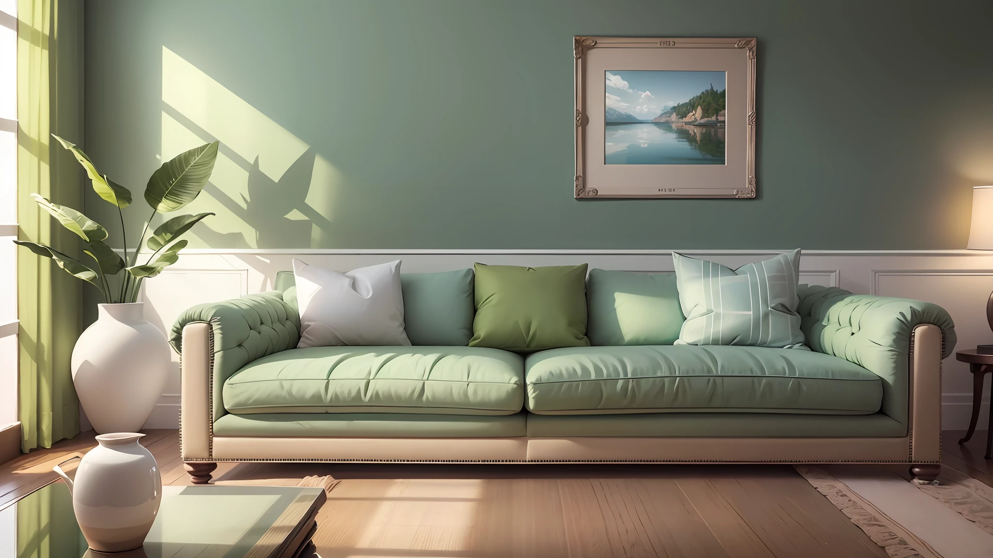 Create an image that illustrates the color trends in home decoration. The image should be a composition of a living room decorated with the trendy colors mentioned in the article: eclipse green, grayish green, light blue, beige, earth brown, lavender, olive green, emerald green, earthy tones, and red. The image should be hyper-realistic, highly detailed, and high resolution (16k). The lighting should be soft and natural, highlighting the colors of the decoration. The composition should be made with a high-quality camera, with a 50mm lens, an aperture of f/1.8, a shutter speed of 1/125, and an ISO sensitivity of 100. --auto --s2