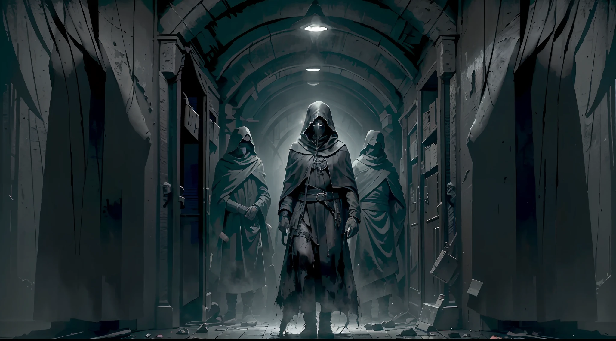 dark scene, full body, men, masked cultists with black robes, in a dark place, dark and gross room, horror scene, darkness, terrific, dirty, dark mood