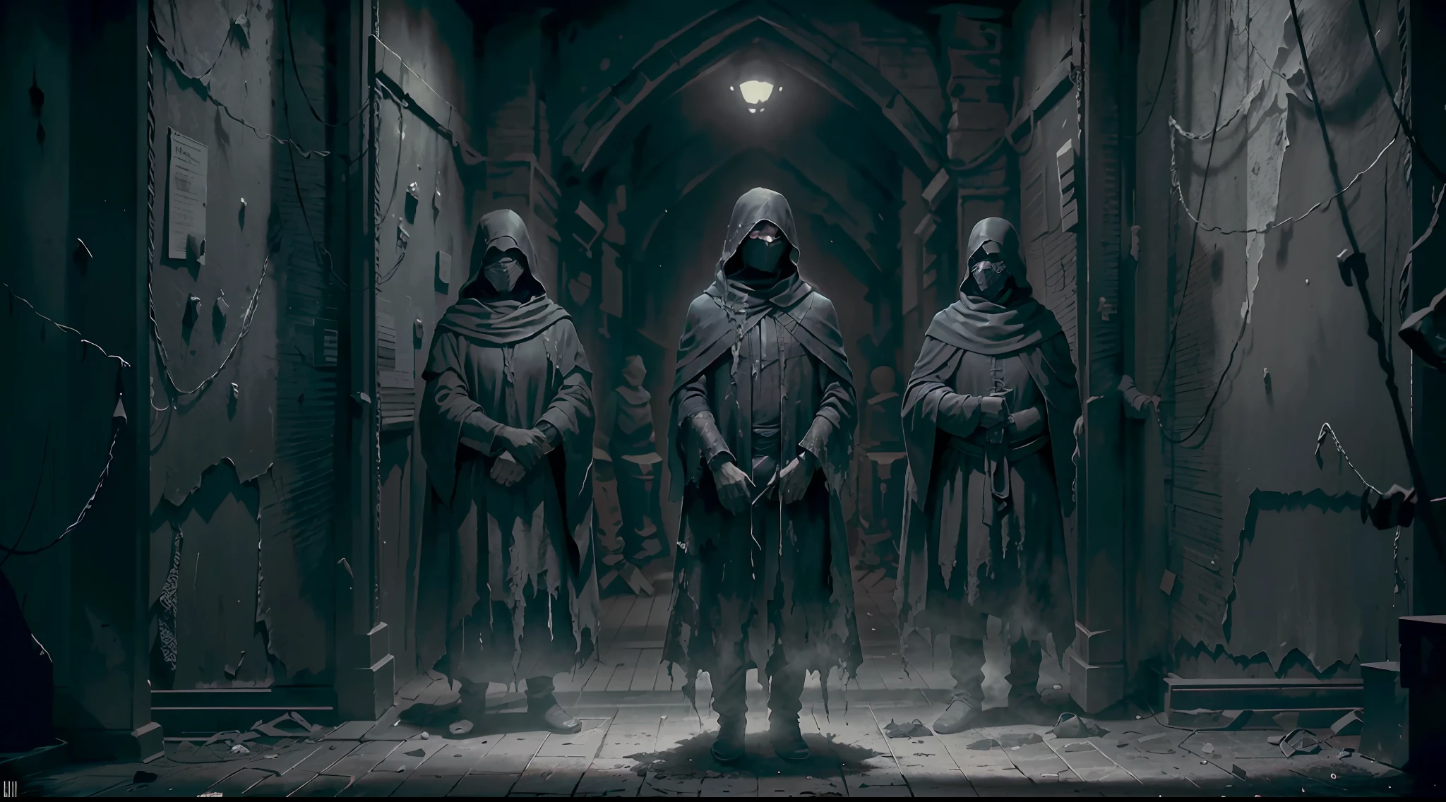 dark scene, full body, men, masked cultists with black robes, in a dark place, dark and gross room, horror scene, darkness, terrific, dirty, dark mood