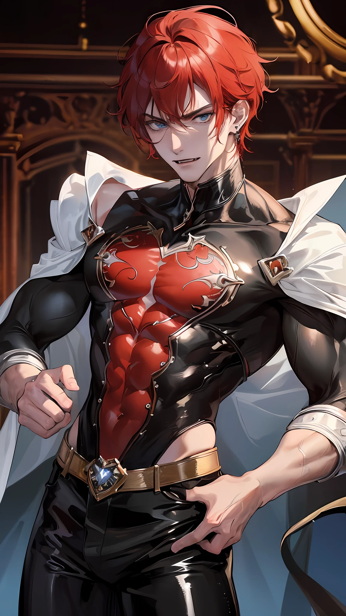 man, vampire, masculine, masculine face, attractive, muscular, ((1man)), masterpiece, absurdres, best quality ,intricate details , (shiny skin, shiny body, shiny oily luster skin, shiny hair, pale skintone), old castle, Sundown, attractive, ((muscular)), adult, one, tattoo in his chest ,black blouse, earrings, black pants, Don't look at the view , Not looking at the view, red short hair, perfect detailed face, perfect detailed hands, vampire fangs, blue eyes, ((MLS)), medium large shoot