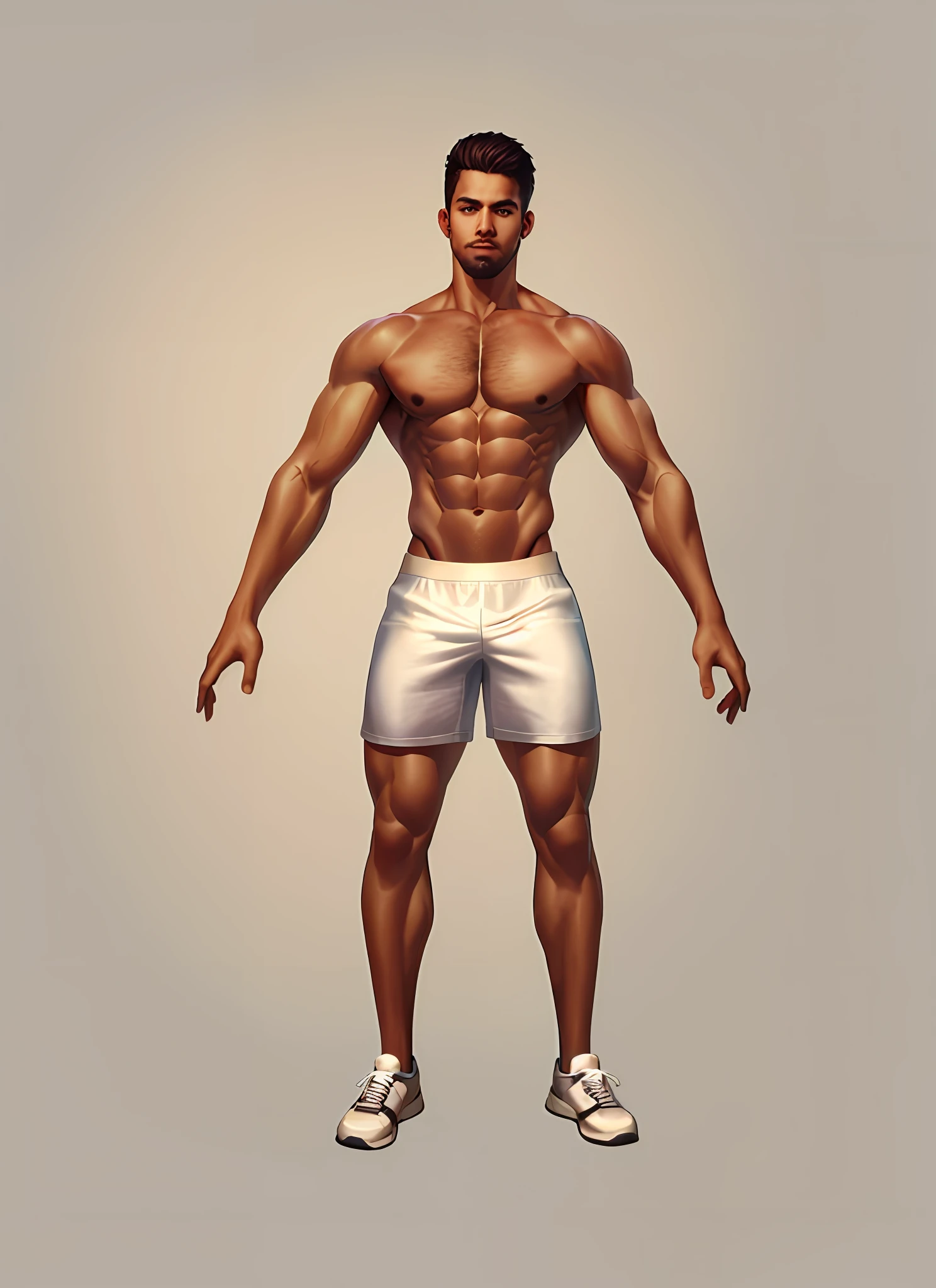 a close up of a man in shorts and sneakers posing, slender and muscular build, exaggerated muscle physique, corpo perfeito fotorrealista, muscular character, corpo perfeito e proporcional, bodybuilder physique, modelo de corpo inteiro, tipo de corpo muscular, corpo altamente detalhado, smooth body features, corpo perfeito sombreado realista, corpo inteiro altamente detalhado, accurate body features, perfect symmetrical body