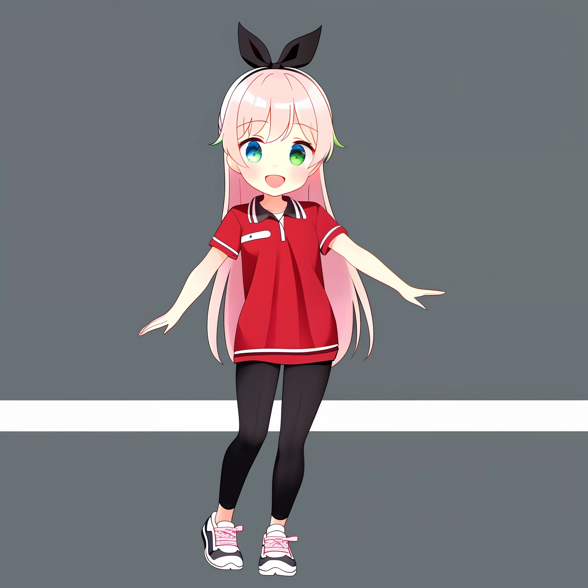 (Masterpiece, Super Detail, Top Quality, 8k, 32K, High Definition, Kyoto Animation Style Anime Illustration, Top Quality Official Art Features: 1.6), (Heterochromia, Blue and Green Eyes: 1.8), Shining Eyes, (Chibi: 1.8), (Caregiver, One Cute Girl, Solo, Standing, Watch Viewer, Full Body, Front, Cute Open Mouth, Makeup, Cute, Happy Smile :1.3), (: 1.2), (cute: 1.5), (Clothing: black long undershirt, 3-button simple design red polo shirt, black long pants: 1.5), (Footwear: sneakers), (pale pink hair, braid, long hair, hair ribbon, cute ribbon: 1.1), thin eyebrows