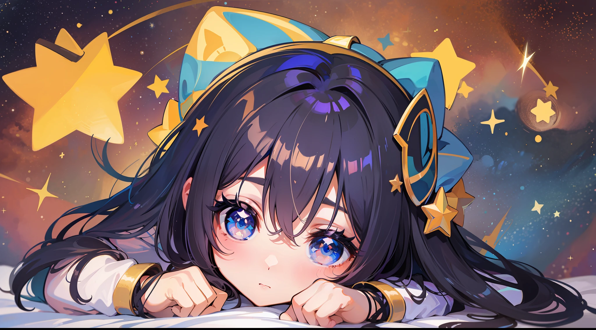 cabelo cumprido,  olhos com estrelas, cabelo brancos, pele lisa, loli , kawaii,  Deitado na cama, pijama