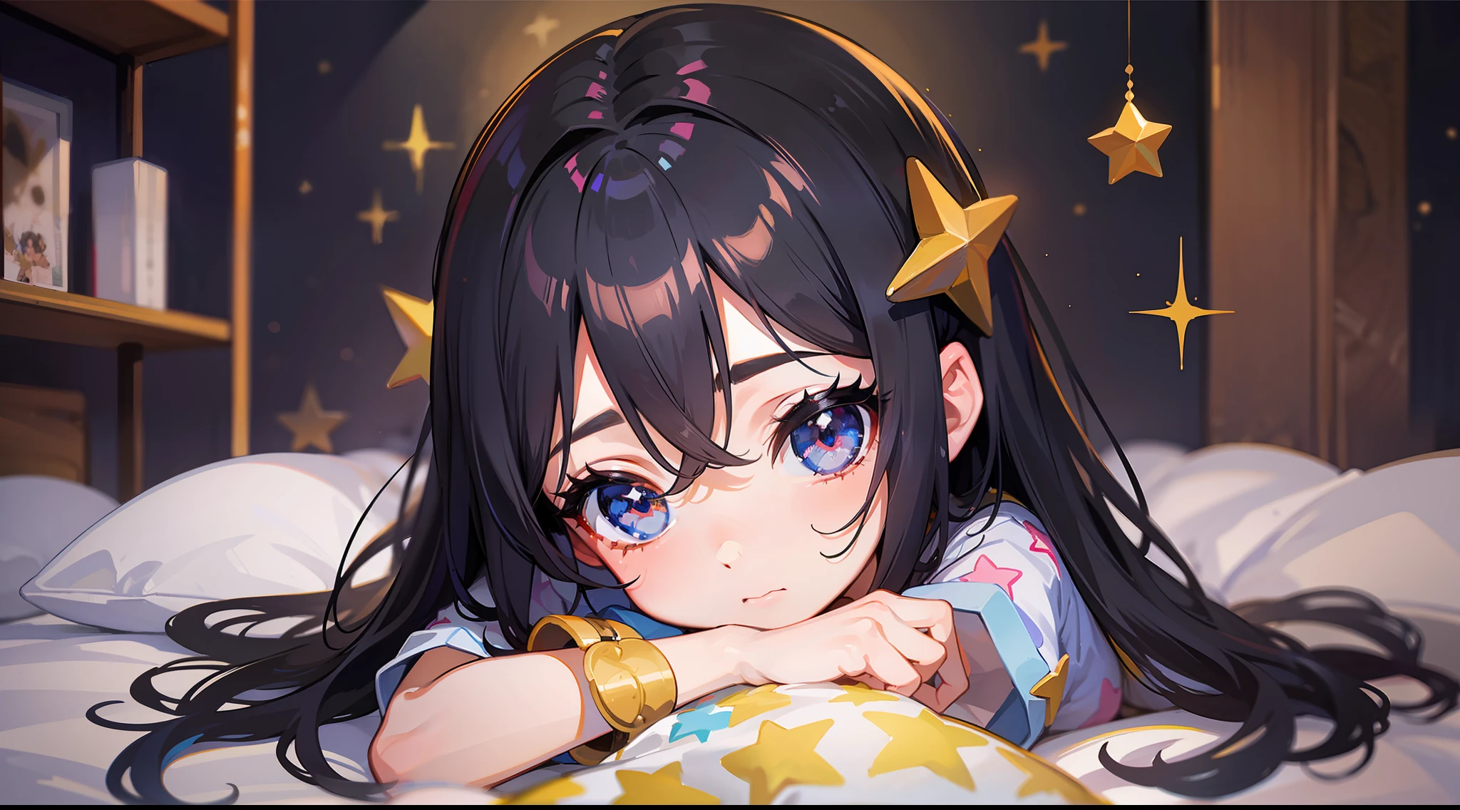 cabelo cumprido, olhos com estrelas, cabelo brancos, pele lisa, , kawaii, Deitado na cama, pijama