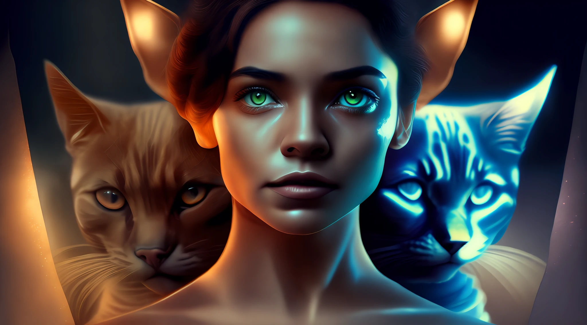 (realista: 1 mulher nua.3), poster, detalhes intrincados, ((cinematic lighti)), gato, hybrid, Hyperealista, assustador, fantasia escura \(estilo\), armadura detalhada, capacete detalhado, looking towards camera,