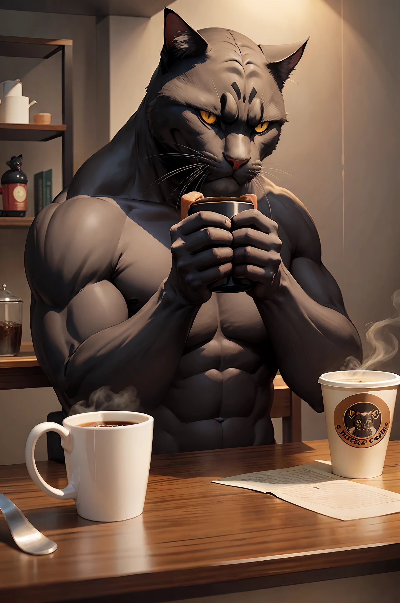 Huge Anthropomorphic Man-Black cat drinking hot coffee, coffee, dawn, Dawn lighting