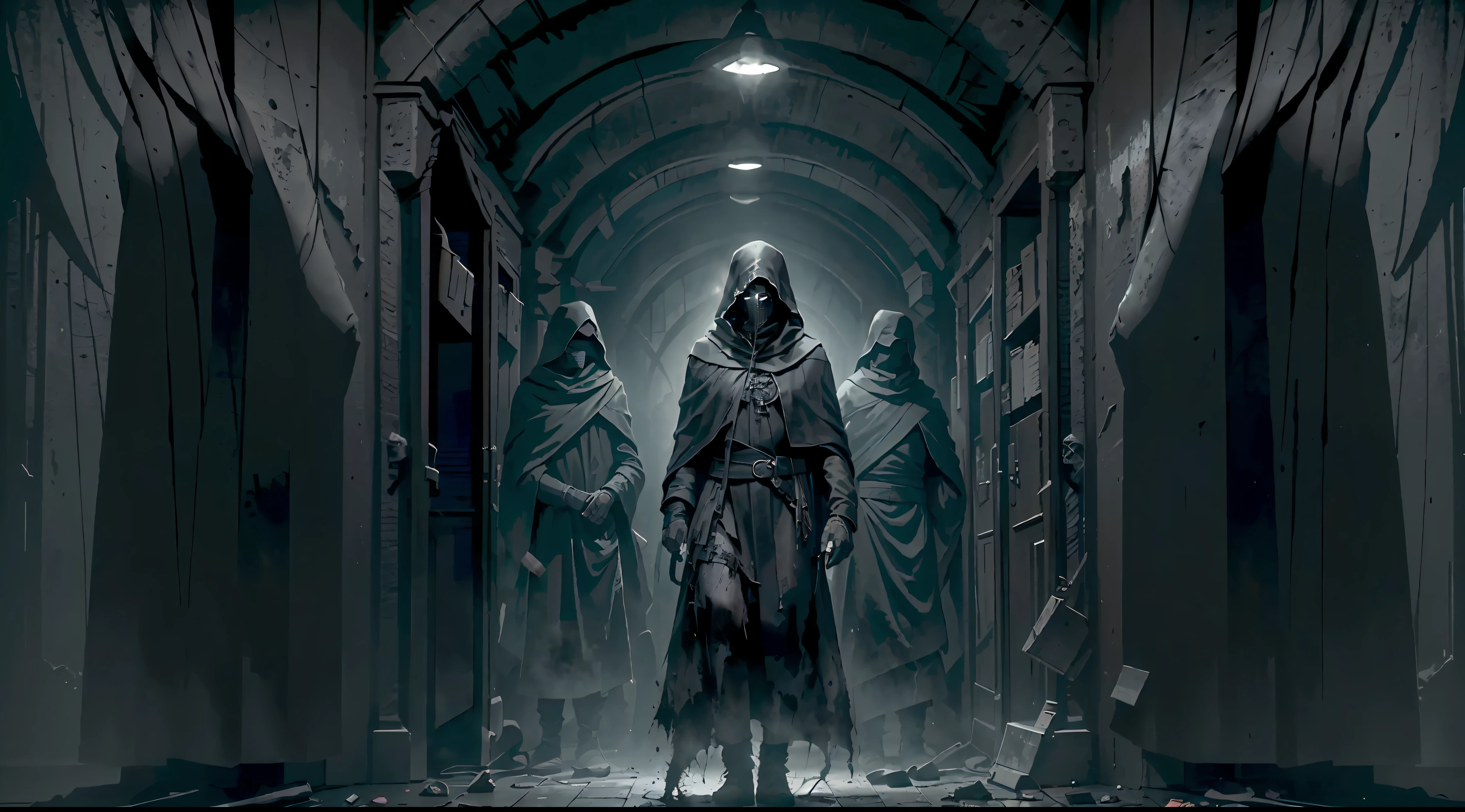 dark scene, full body, men, masked cultists with black robes, in a dark place, dark and gross room, horror scene, darkness, terrific, , dark mood