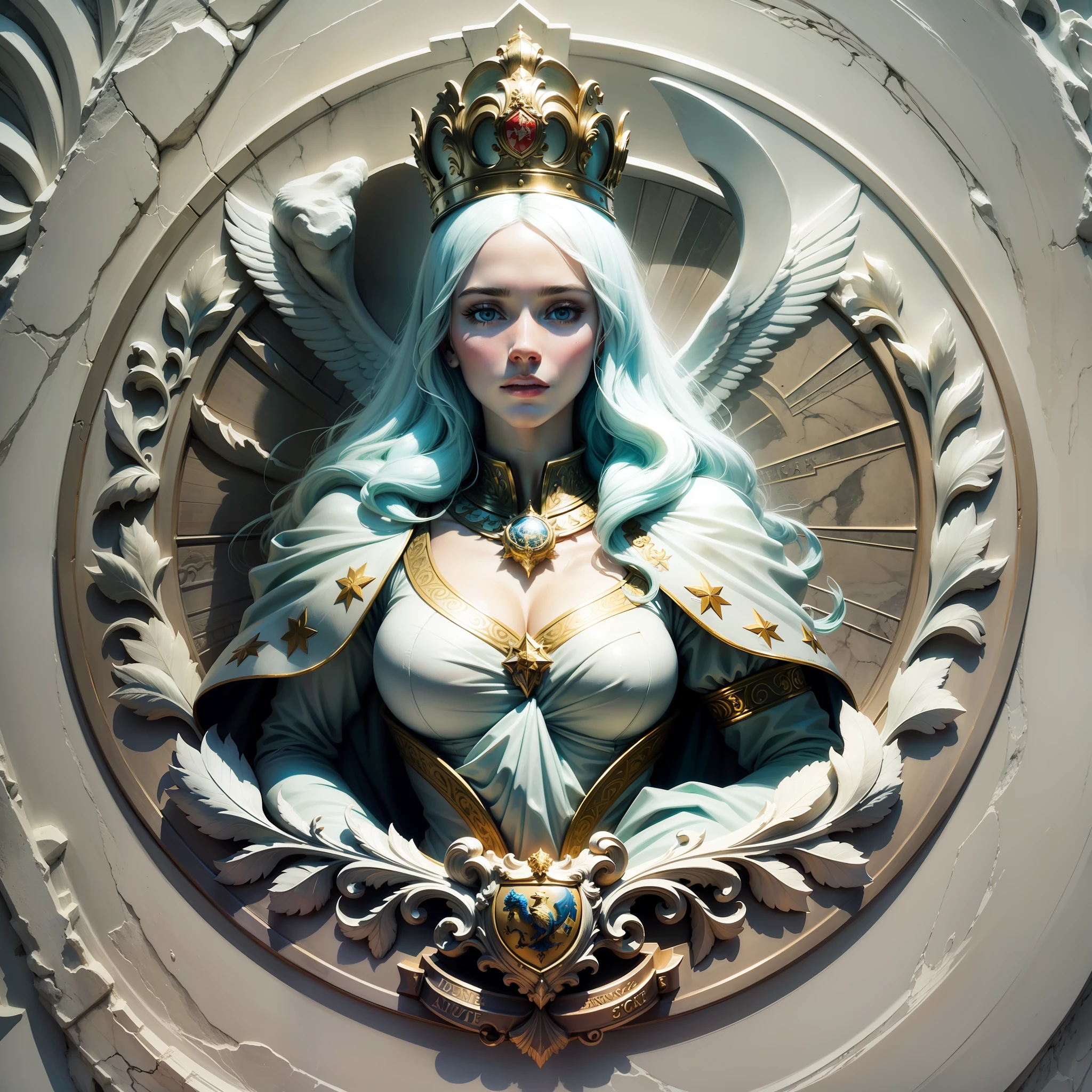 a beautiful and classic coat of arms with a marble sculpture of a woman inside the coat of arms --auto --s2