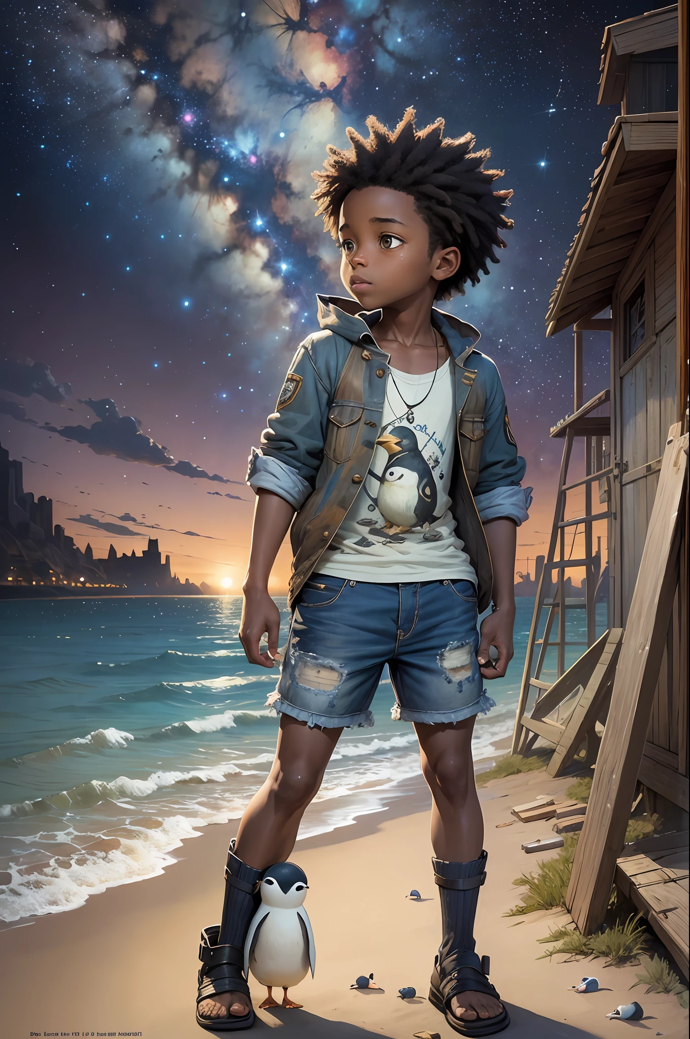 Pintura de Jean-Baptiste Monge depicting a black boy with a small surveying penguin dressed in shorts and beach shirt looking at the stars at night, (Estilo Pixar)++, Jean-Baptiste Monge, No post-apocalyptic city --Ar 2:3 --testp -otimista; --auto --s2