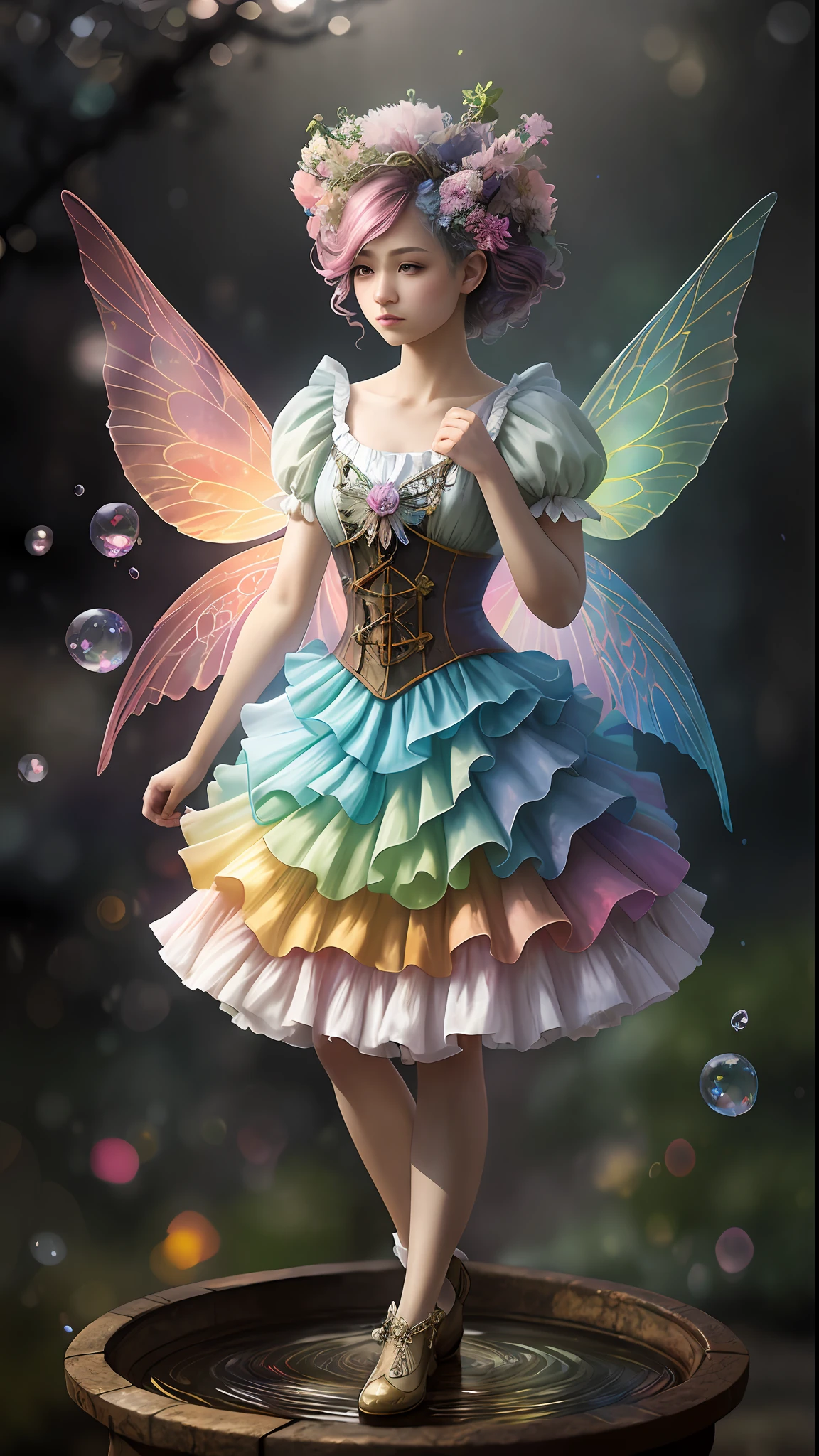 fine art masterclass splash spray trickle daubs of rainbow opaline Prisma Sakuraoil color,Steampunk celestial ethereal ghostly Fairy, HDR, ultra high-detail, centered, bokeh, lens flare, foggy dusk, bloom, light bloom, cinematic lighting, high dynamic range, depth of field, full pose