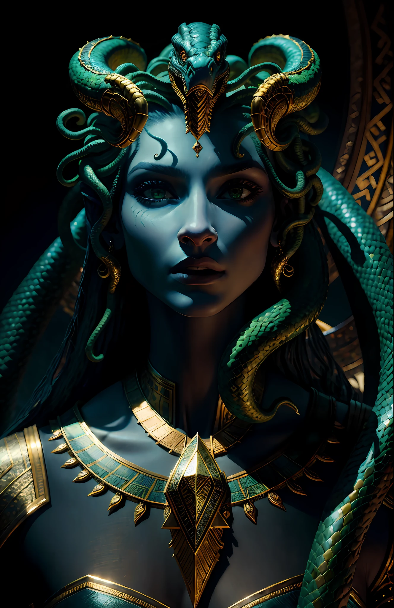((best quality)), ((masterpiece)), ((realistic)), Medusa, the snake monster body, the human face and upper body, the hair consists of numerous small snakes, green eyes, female face, metal sculpture tops, regal, trend in artstation, sharp focus, studio photo, intricate details, very detailed, detailed eyes, illustration, very detailed, sharp focus,  digital, professional, 4k rendering based on the movie Gods of Egypt