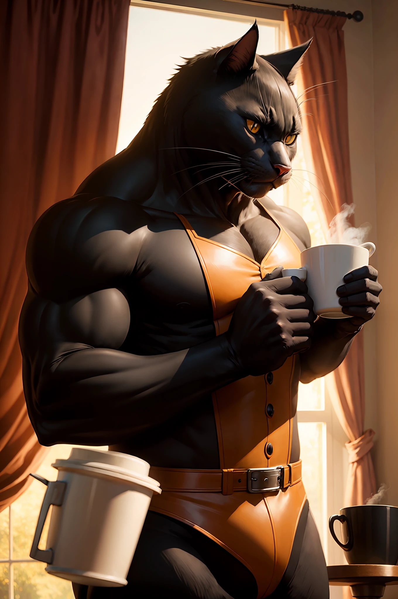 Huge Anthropomorphic Man-Black cat drinking hot coffee, coffee, dawn, Dawn lighting