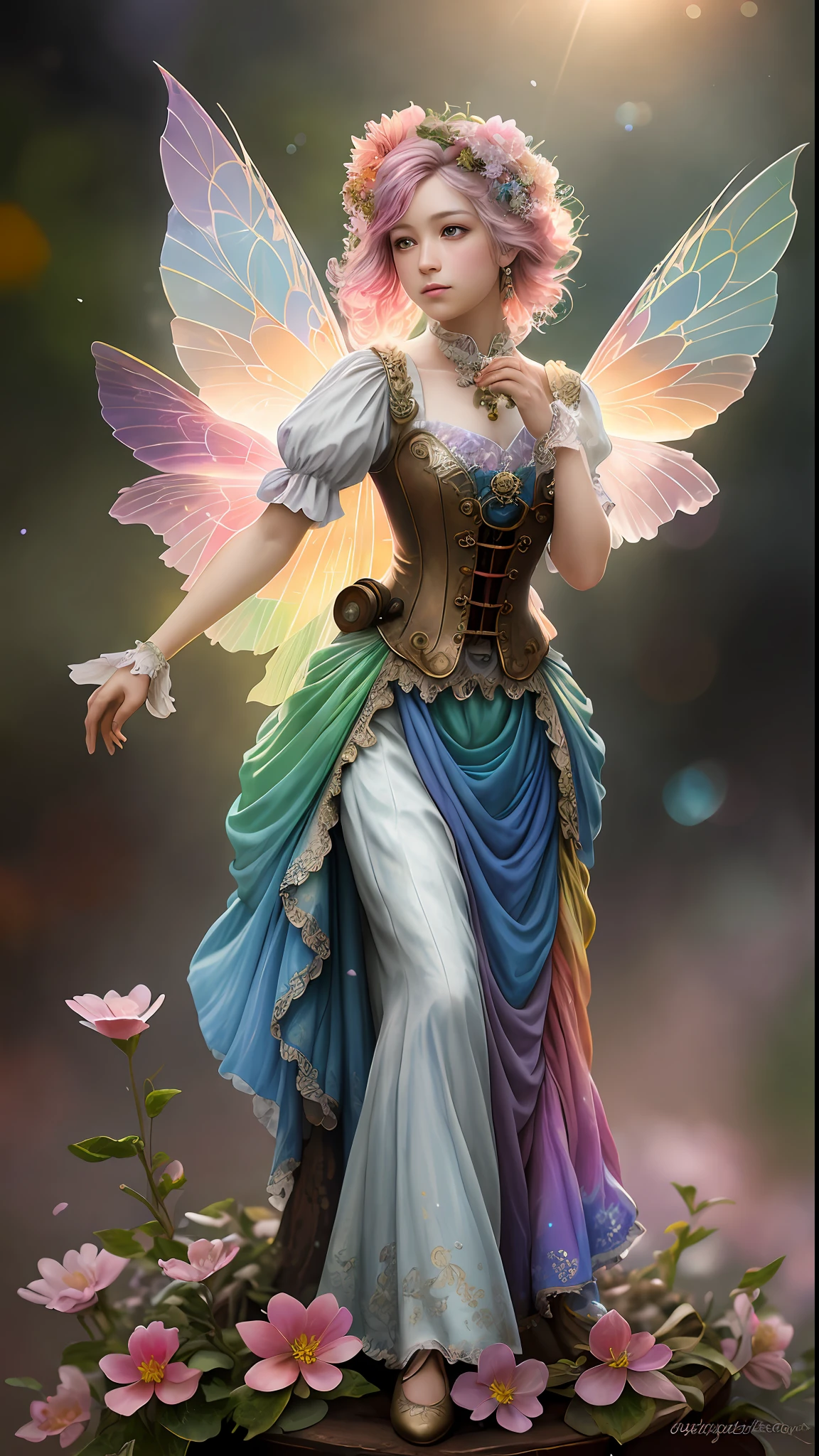 fine art masterclass splash spray trickle daubs of rainbow opaline Prisma Sakuraoil color,Steampunk celestial ethereal ghostly Fairy, HDR, ultra high-detail, centered, bokeh, lens flare, foggy dusk, bloom, light bloom, cinematic lighting, high dynamic range, depth of field, full pose