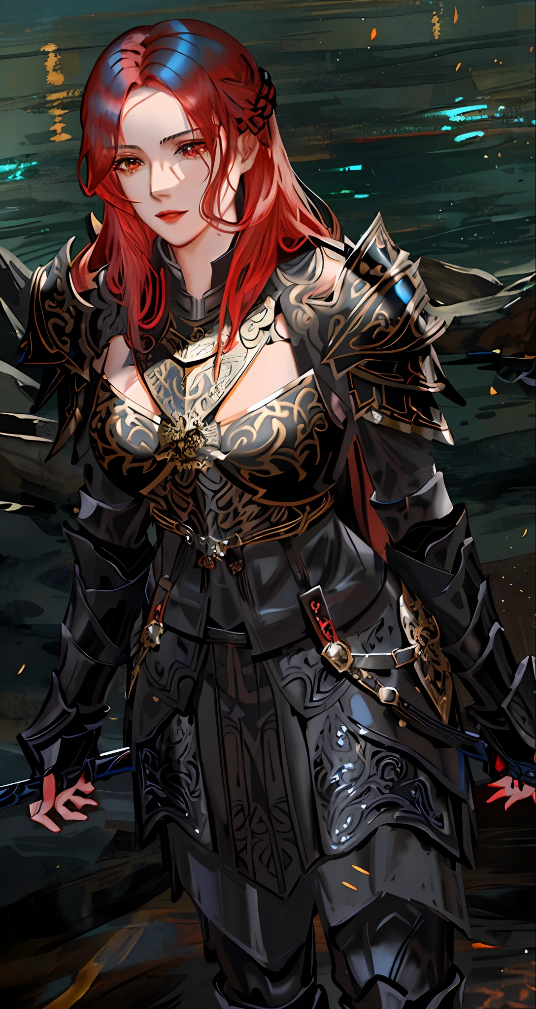 there is a woman with red hair and a black outfit, plated armor intricate, black fire color reflected armor, wearing witchblade armor, ornate flowing silvered robes, pale black armor, wearing gilded ribes, ornate bikini armor, eso armor, sliver ice color reflected armor, golden etched armor, ornate filigree armor, intricate etched armor, wearing ornate armor