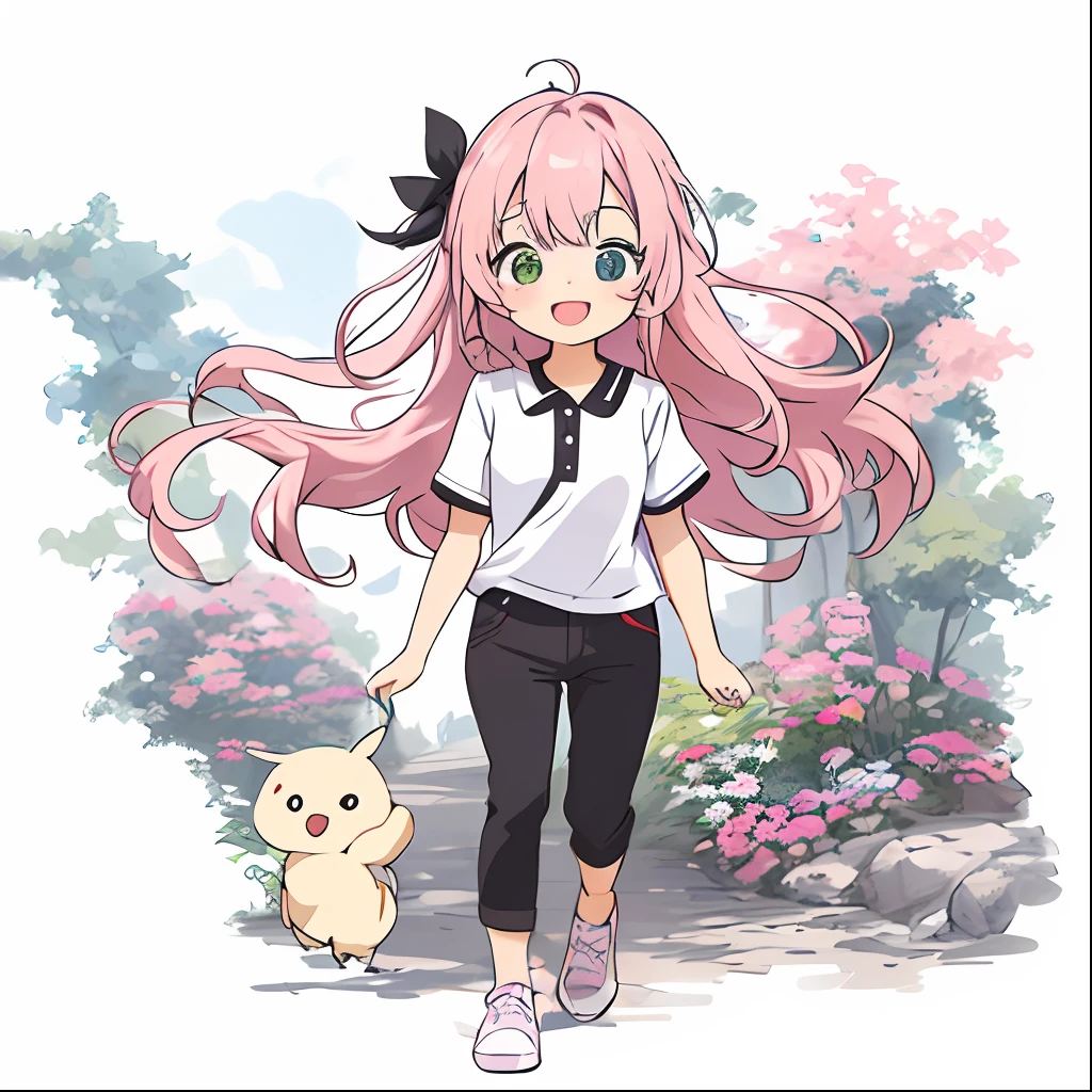 1 girl, (Heterochromia, Blue and Green Eyes: 1.8), Shining Eyes, (Illustration: 1.1), (Chibi: 1.5), (Masterpiece, Super Detail, Best Quality, 8K, Kyoto Animation Anime Illustration)), (Caregiver, 1 Cute Girl, Big, Solo, Upright, Peace, Watch Viewer, Full Body, Front, Cute Open Mouth, Happy Smile: 1.3), (Loli: 1.2), (cute: 1.5), (red short-sleeved polo shirt and black tight long pants, long heat tech inner shirt: 1.5), (footwear: sneakers), (pale pink hair, braid, long hair, cute ribbon: 1.1), thin eyebrows,