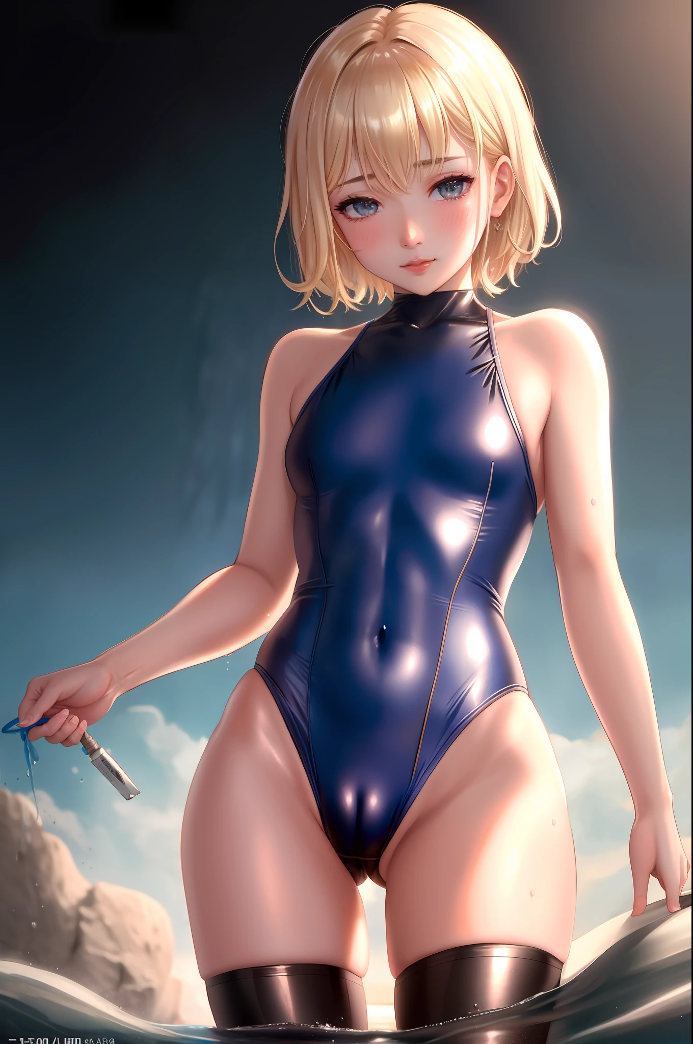 RAW、analogue、Nikon Z 85mm、Award-winning glamour photography、

1 Girl、Standing on a tropical beach、Gorgeous russian woman in skin tight metal swimsuit、18yrs old、small perky breasts、Chiseled abs、thinly、thin、Petite、short blonde hair、[blue eye]、soaked hair、wet swimsuit、wet skin、puffy、(Pubic bone and pronunciation)、Pubic tearing、(cameltoe:1.3)、

intricate detailing, High res, Detailed facial features, High Detail, SHARP FOCUS, smooth, aesthetic, extremelydetailed, stamp, octane rendering, photo_\(An ultra\), photorealistic, lifelike, POST PROCESSING, max detail, Roughness, real life, Hyper realistic, Photo Realism, photos, 8K UHD, photos, Semi-silhouette light, russian face, octane rendering,