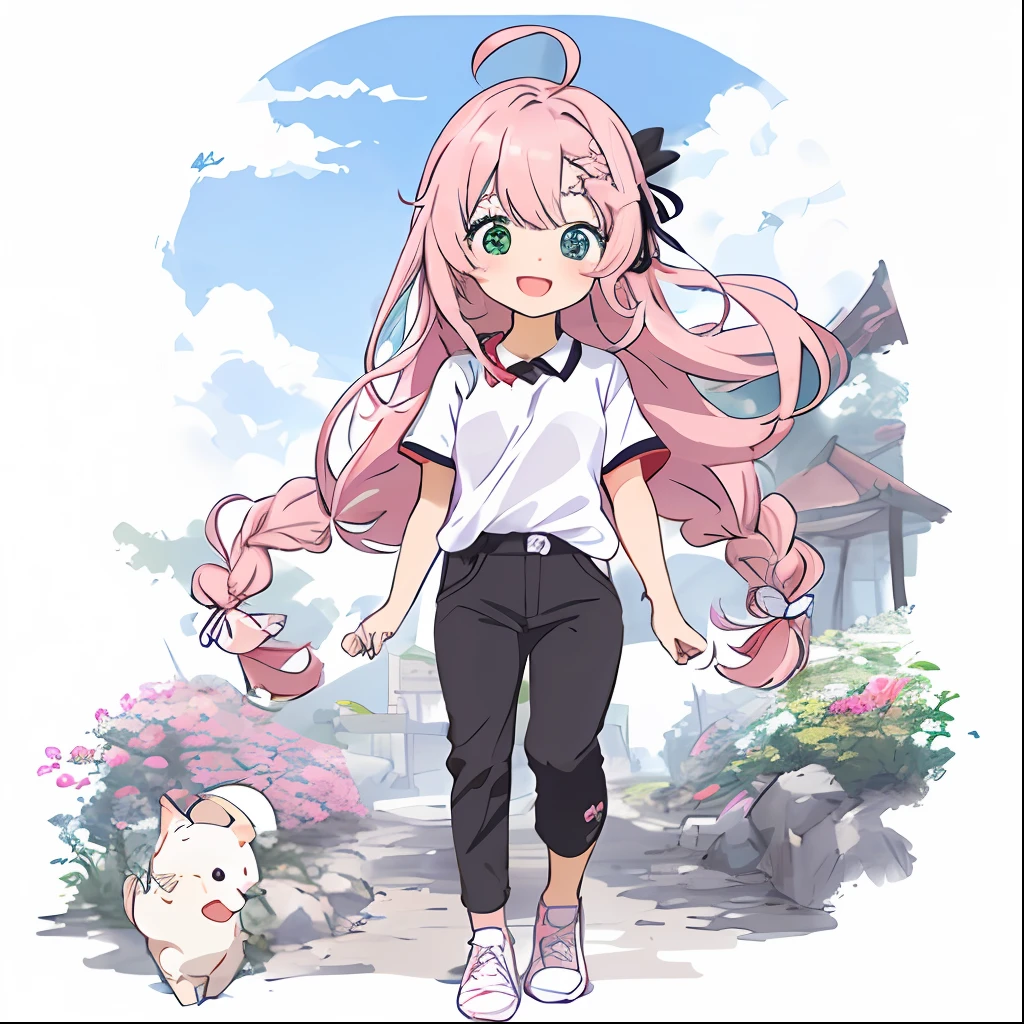 1 girl, (Heterochromia, Blue and Green Eyes: 1.8), Shining Eyes, (Illustration: 1.1), (Chibi: 1.5), (Masterpiece, Super Detail, Best Quality, 8K, Kyoto Animation Anime Illustration)), (Caregiver, 1 Cute Girl, Big, Solo, Upright, Peace, Watch Viewer, Full Body, Front, Cute Open Mouth, Happy Smile: 1.3), (Loli: 1.2), (cute: 1.5), (red short-sleeved polo shirt and black tight long pants, long heat tech inner shirt: 1.5), (footwear: sneakers), (pale pink hair, braid, long hair, cute ribbon: 1.1), thin eyebrows,