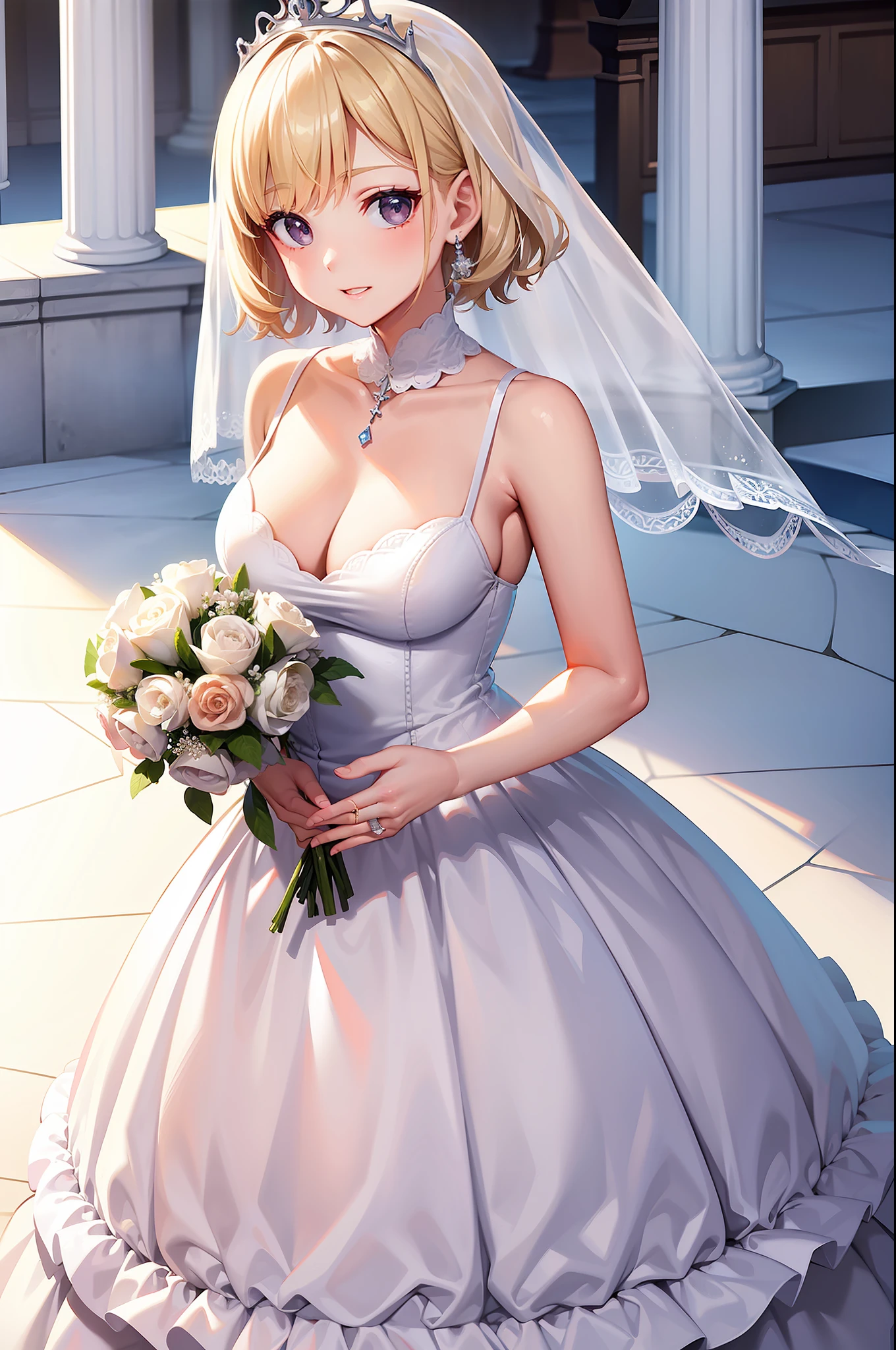In body type、shorthair、Blonde、Wedding dress、tiara、Ring on left ring finger、Black Eyes、Holding the bouquet with both hands、chapel