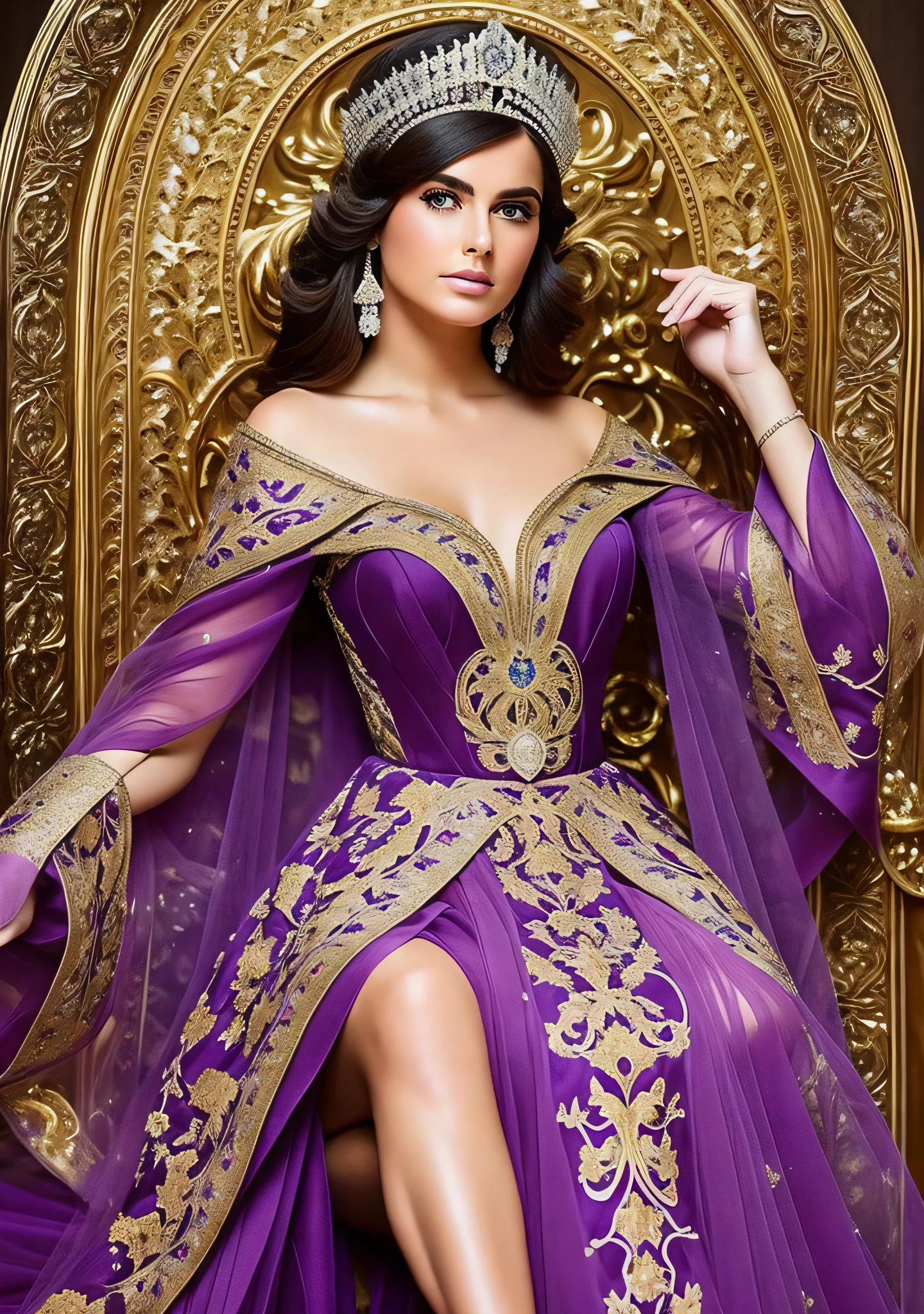 (realismo de alta qualidade) Princess wearing a long and dazzling dress made of a luxurious and shiny fabric in a deep and enigmatic shade of purple. The dress is adorned with gold details in intricate embroidery along the edges and cuffs. A parte superior do vestido possui um corpete justo. The skirt of the dress is long, voluminous and fluid;, com camadas de tecido que se drapejam de forma elegante. Complementando o traje, The princess wears a flowing cloak that falls off her shoulders made of a light, translucent fabric, na cor preta, com detalhes sutis de bordados dourados nas bordas. A princesa usa uma coroa com detalhes de ouro e pedras preciosas reluzentes. --auto --s2