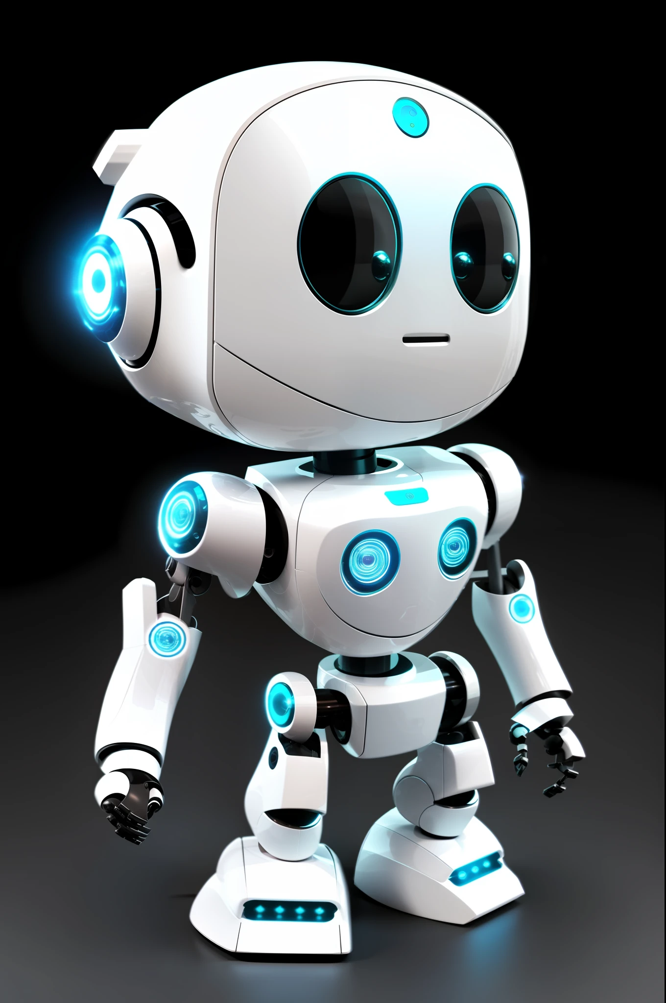 A white robot with black eyes and a black nose, cute humanoid robot, Lovely friendly robot, Cute robot, friendly humanoid robot, 3d child robot, Tintoy character design robot, humanoid robot, friendly humanoid cybernetic robot, personagem humanoide, humanoid robot, humanoid robot, Robot with human face, a robot, Robot friendly, Concept robot, very cute zen robot, A mini atomic robot, com seu design elegante e futurista, interacting with a group of children. Ele tem um corpo pequeno, But it is extremely intelligent and capable of performing a wide variety of tasks. The small robot is also able to answer complex questions and move with agility and grace. Children are delighted with this intelligent mini atomic robot and play with it all day long.