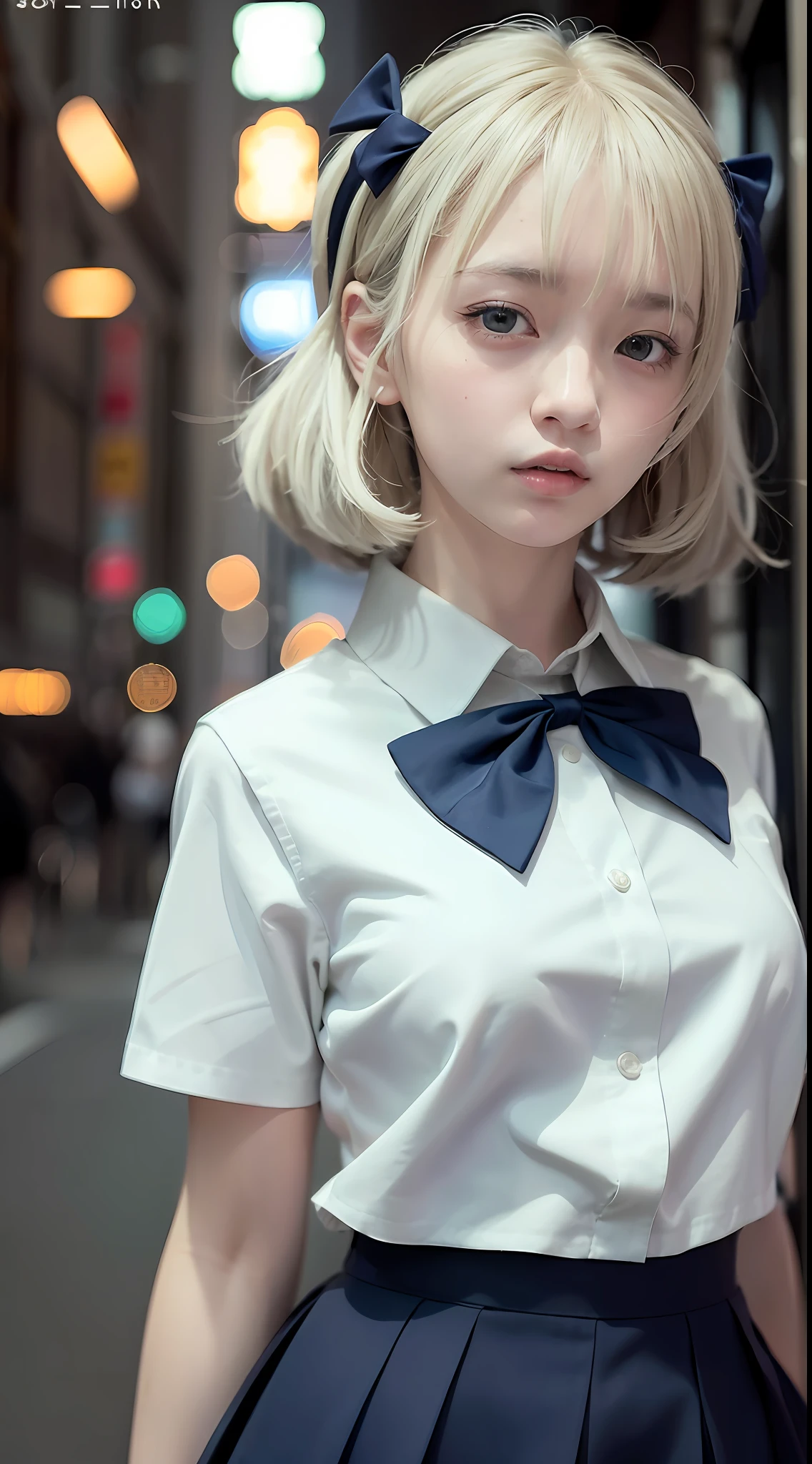 (8k, RAW photo, best quality, masterpiece:1.3),(realistic,photo-realistic:1.37),(night),(looking at viewer:1.331),(white hair),posing,Tokyo street,nightcityscape, cyberpunk city,soft light,1girl,extremely beautiful face,bust,put down hands,Random hairstyle,Random expression,big eyes, ,lower abdomen,(short-sleeved
JK_shirt),JK_style,(dark blue JK_skirt) ,(bow JK_tie),mix4