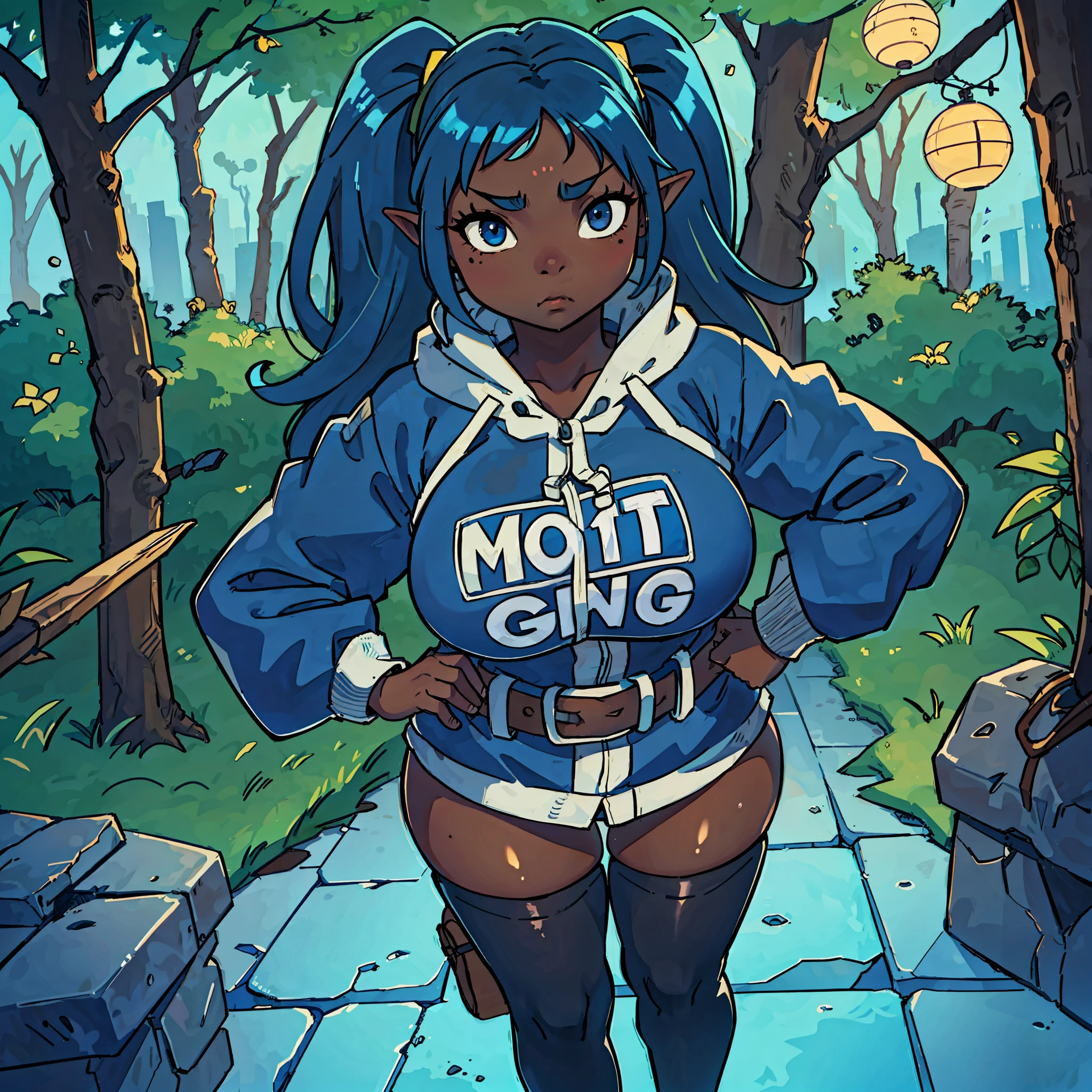 goblin girl, blue hair, very long hair, dark_ skin, dark skin goblin, very dark skin girl natural huge breasts, hair between eyes,  twintails, chubby, chubby girl, chubby girl goblin, mole, mole on chest, age up, lips, big lips, thick eyebrows, body with fur, tusk, short girl, twintails, short girl, highly detailed, high quality, best quality, 8k, full body, fat, cute and sexy, blacksmith, forging, goggles, jacket