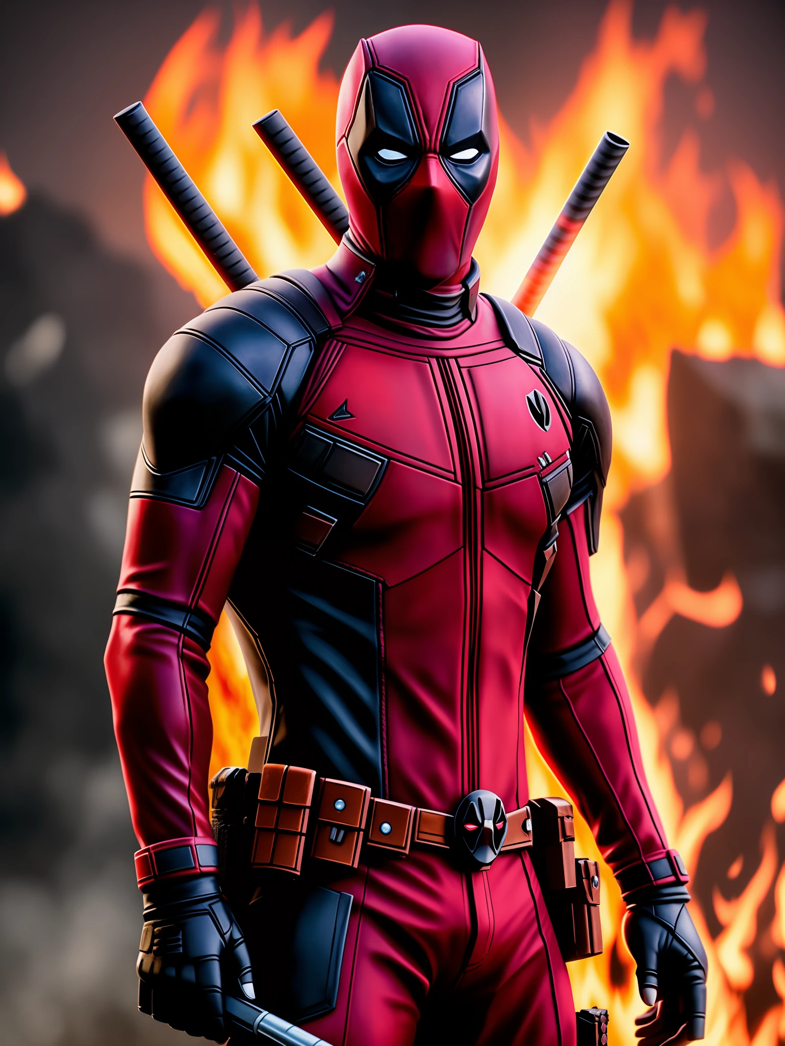 Cinematic shot of cute realistic deadpool, cercado por fogo, sem costura, epic, cinematic, detalhes intrincados, Concedido, great lighting, sombreamento, alta qualidade, detalhado, estilo LEGO