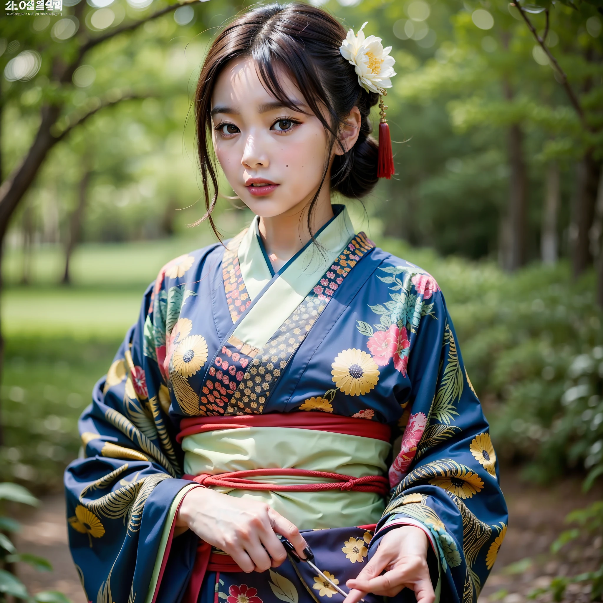 ((Top Quality, 8K, Masterpiece: 1.3)), Sharp Focus: 1.2, (Super Beautiful Face: 1.0), (Glossy Skin: 1.0), Realistic Photos, Black Hair, Realistic Pupils, Movie Lighting, Highly Detailed Eyes and Face, Movie Lighting, (Cowboy Shot: 1.0), (kimono, hakama, obi: 1.15), (Korean Cute Actress), in nature, classic kimono, good posture