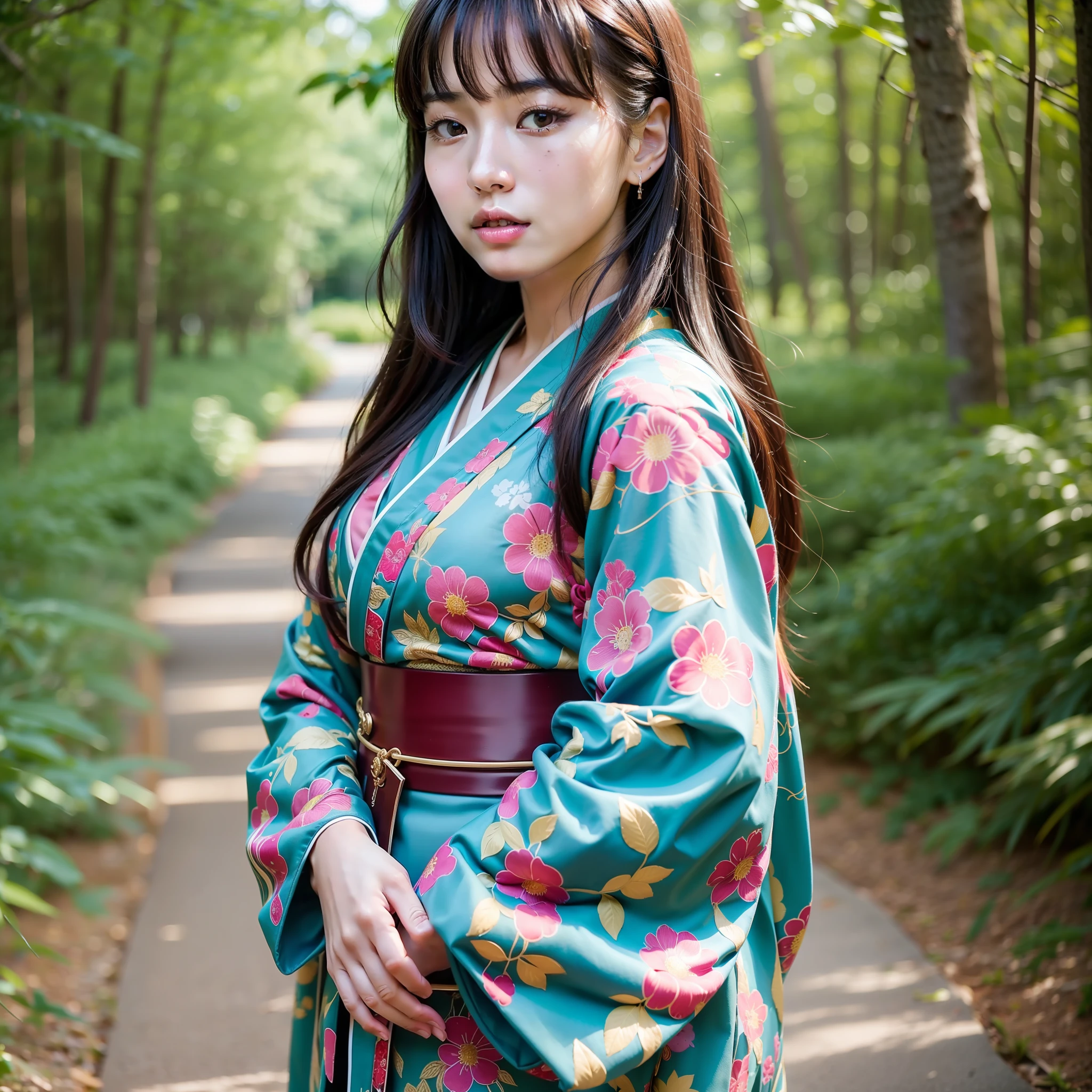 ((Top Quality, 8K, Masterpiece: 1.3)), Sharp Focus: 1.2, (Super Beautiful Face: 1.0), (Glossy Skin: 1.0), Realistic Photos, Black Hair, Realistic Pupils, Movie Lighting, Highly Detailed Eyes and Face, Movie Lighting,  (Cowboy Shot: 1.0),  (kimono, hakama, obi: 1.15),　(Korean Cute Actress), in nature, classic kimono,  good posture