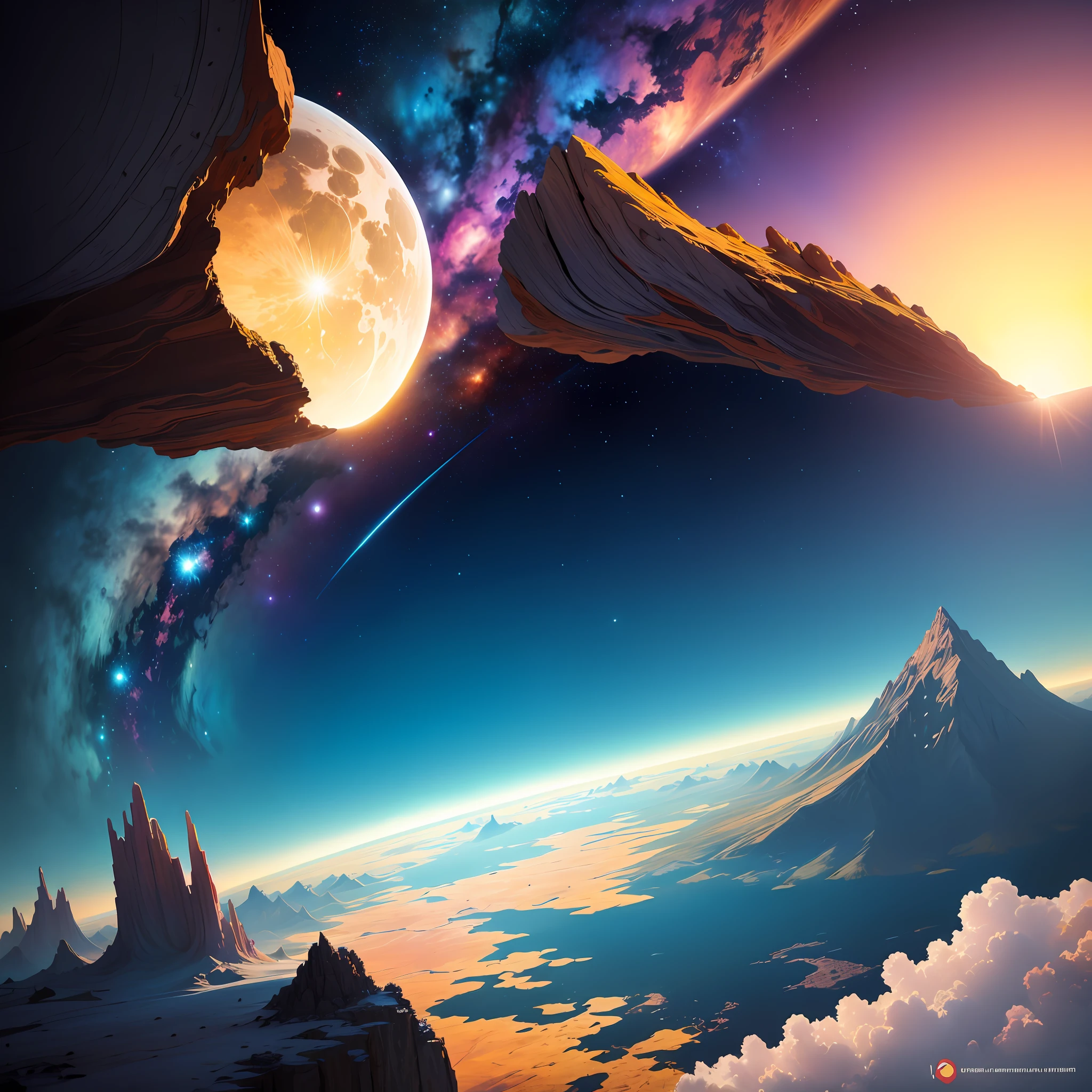 uma paisagem de uma base sci fi na lua, vista de cima, overlooking space and planet earth, estilo cartoom de jogo cell shading.