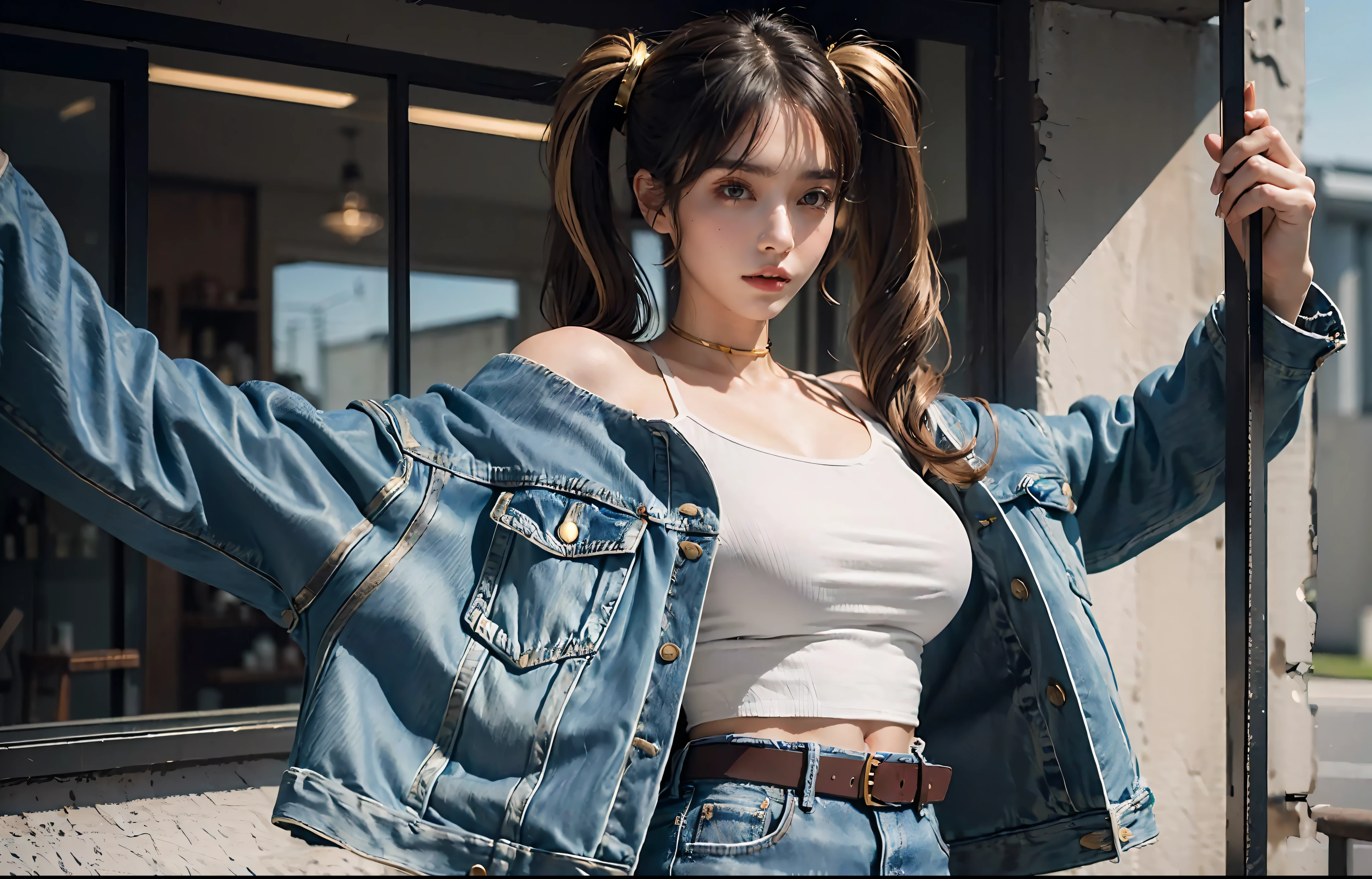 (((masterpiece))),((best quality)),detailed,dynamic pose,(Perfect and delicate hairdressing),  large breast, denim jacket, open jacket, white crop top, gold belt, (hair twin tail), off shoulders