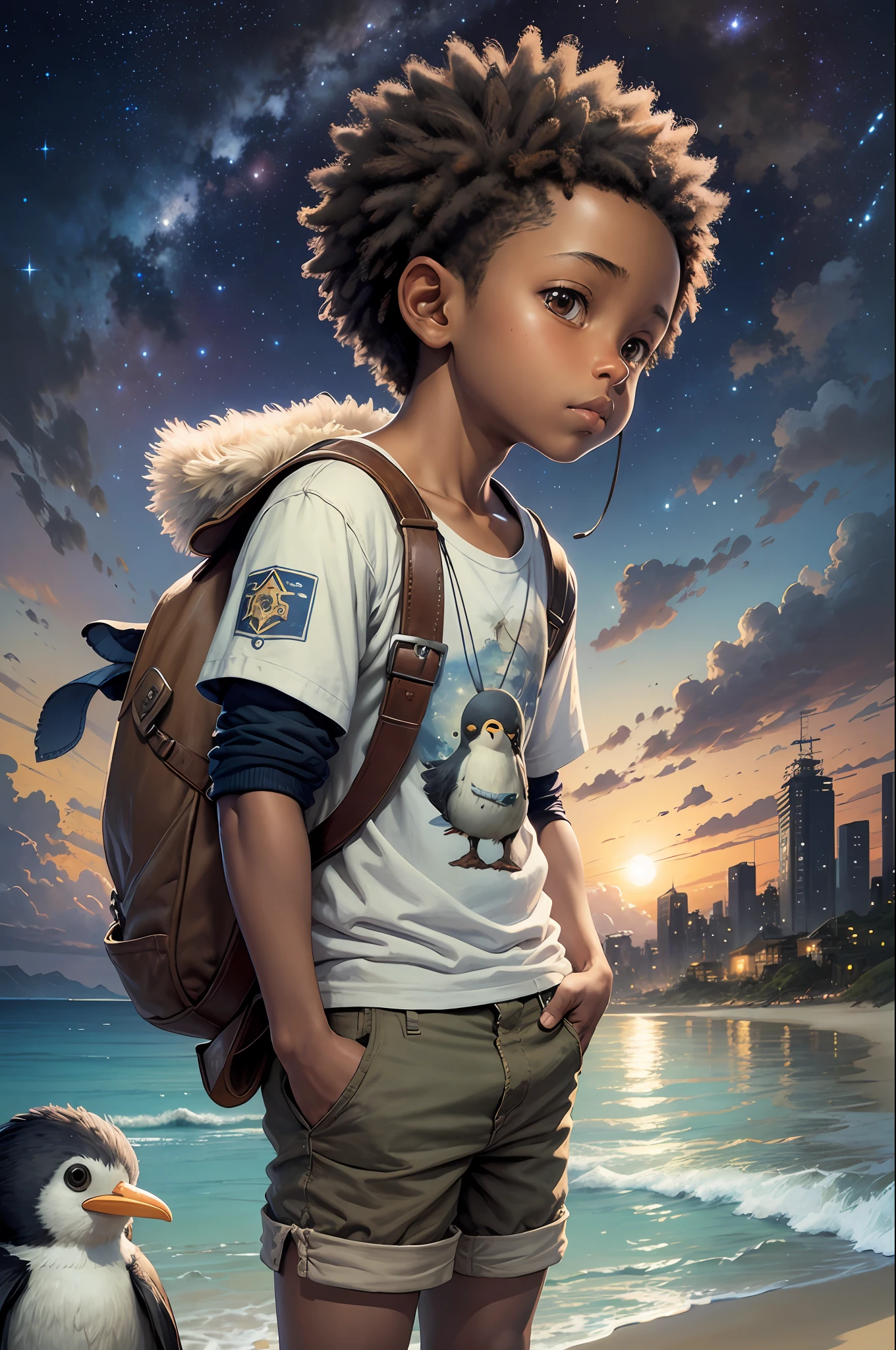 Pintura de Jean-Baptiste Monge depicting a black boy with a small surveying penguin dressed in shorts and beach shirt looking at the stars at night, (Estilo Pixar)++, Jean-Baptiste Monge, Sem post-apocalyptic city --Ar 2:3 --testp -otimista; --auto --s2