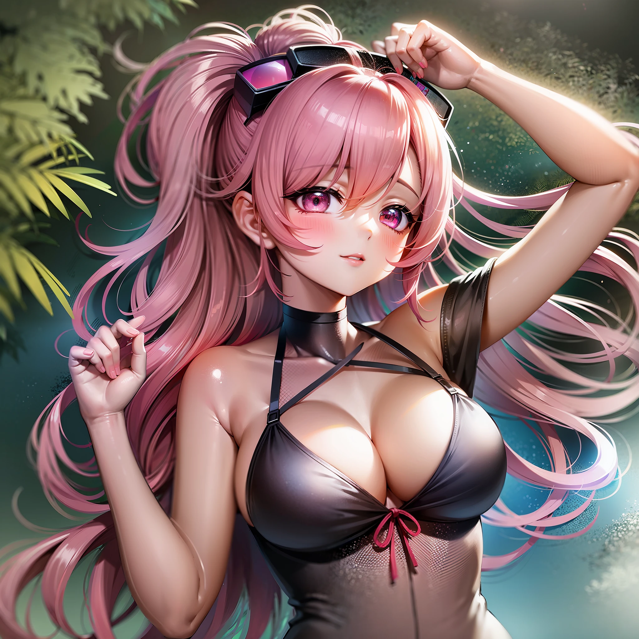 anime girl in bikini with sunglasses and red bikini top, Junko Enoshima, Marisa Kirisame, posar(arms up + feliz), menina anime sedutora, menina anime loira com cabelo longo, garota loira, April rendering, (menina anime), anime melhor garota, Shirabii, deusa anime, Hanayamata, naipe: Busty in a bikini, Volumetric lighting, Melhores sombras, Profundidade de campo rasa, Retrato de uma garota incrivelmente bonita, Pequeno, Delicado, Cabelo Loiro Longo em Camadas, Sombra Blush, Thick eyelashes, Mini Underboob Tee, Umbigo Aberto, Cintura Fina, Na praia, (Alta Qualidade, Amazing Details: 1 mulher nua.25), (Somente: 1 mulher nua.3), Pinturas Coloridas Brilhantes