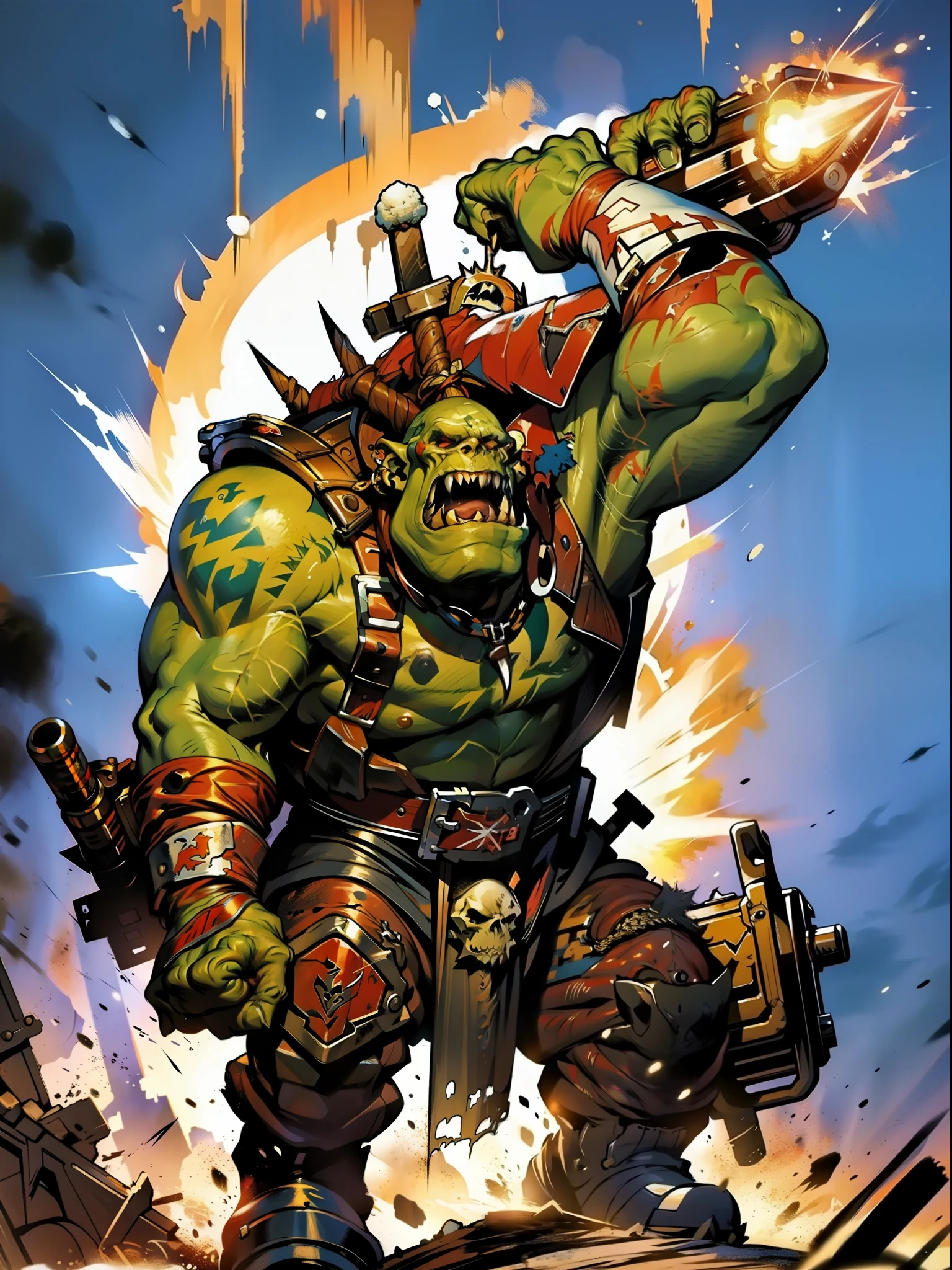 Um ogro musculoso pousando para foto no estilo Simon Bisley para a capa da revista Heavy Metal, roupa de Rugby, tatuagens coloridas, roupa como uma armadura de gladiador moderno, hand painting, oilpainting, muito contraste, standing up, pousando