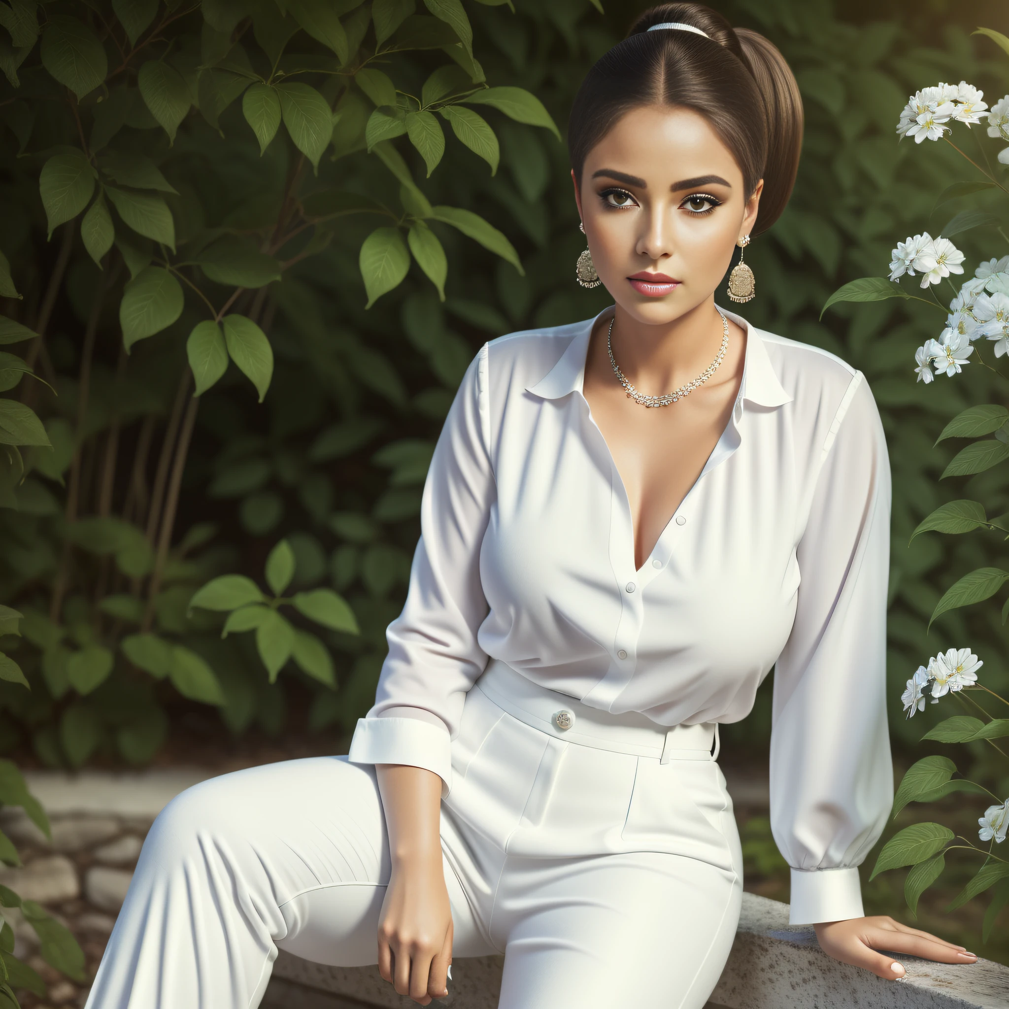 Masterpiece, ultra realistic, photorealistic, a portrait of a beautiful woman, wearing white blouse and pants, ponytail hair, sitting in the garden, cinematic look, RAW, highres, best quality
