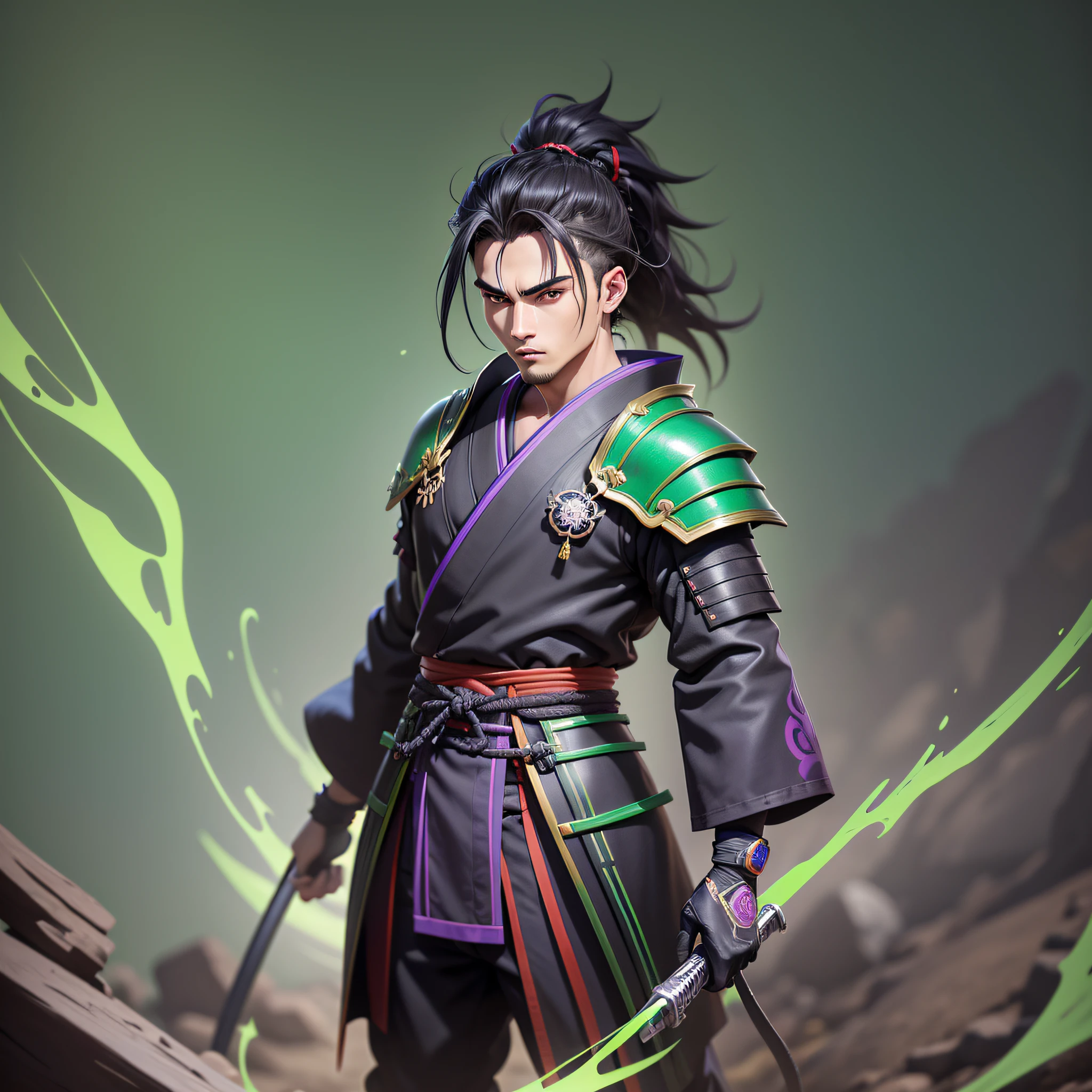 garoto joven, anime, cabelo preto, samurai, kimono preto com detales em verde, corpo inteiro, modelo 3d, render, anime cel shading, blander, unreal engine 5, cartoon, fullbody, cores vibrantes, league of legends splash art style, fire vfx green and purple, cores fortes, saturation, vibrante, fundo preto, boy, cabelo preso com coque samurai e duas mechas de franja