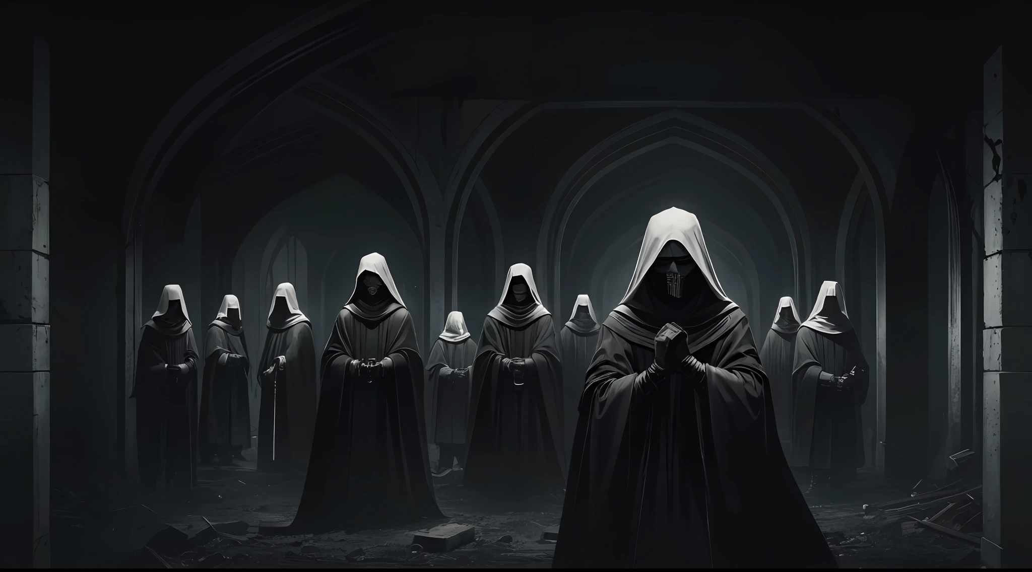 dark scene, full body, men, masked cultists with black robes and creepy white masks, in a dark place, dark and gross room, horror scene, darkness, terrific, dirty, dark mood