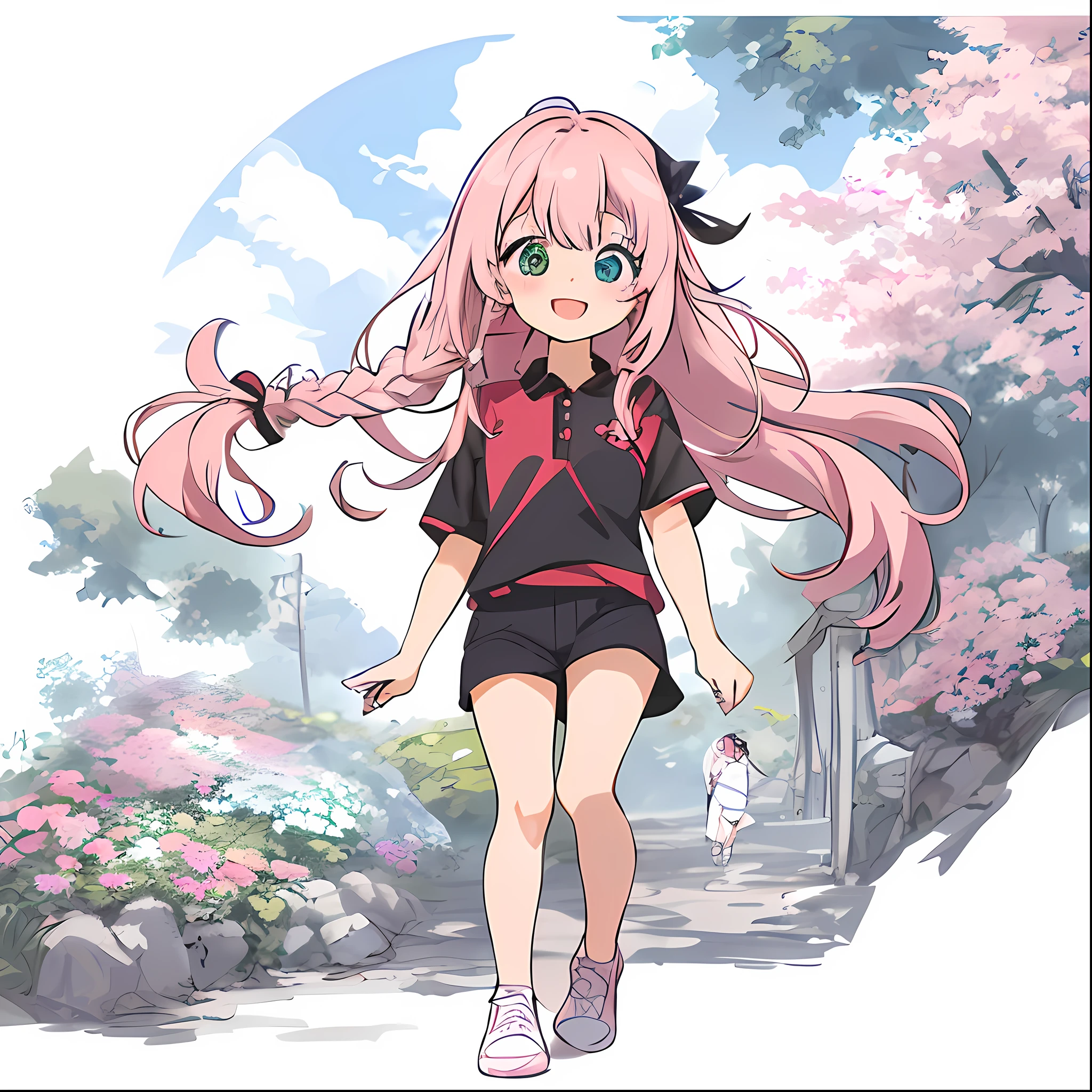 1 girl, (Heterochromia, Blue and Green Eyes: 1.8), Shining Eyes, (Illustration: 1.1), (Chibi: 1.5), (Masterpiece, Super Detail, Best Quality, 8K, Kyoto Animation Anime Illustration)), (Caregiver, 1 Cute Girl, Big, Solo, Upright, Peace, Watch Viewer, Full Body, Front, Cute Open Mouth, Happy Smile: 1.3), (: 1.2), (cute: 1.5), (red short-sleeved polo shirt and black tight long pants, long heat tech inner shirt: 1.5), (footwear: sneakers), (pale pink hair, braid, long hair, cute ribbon: 1.1), thin eyebrows,