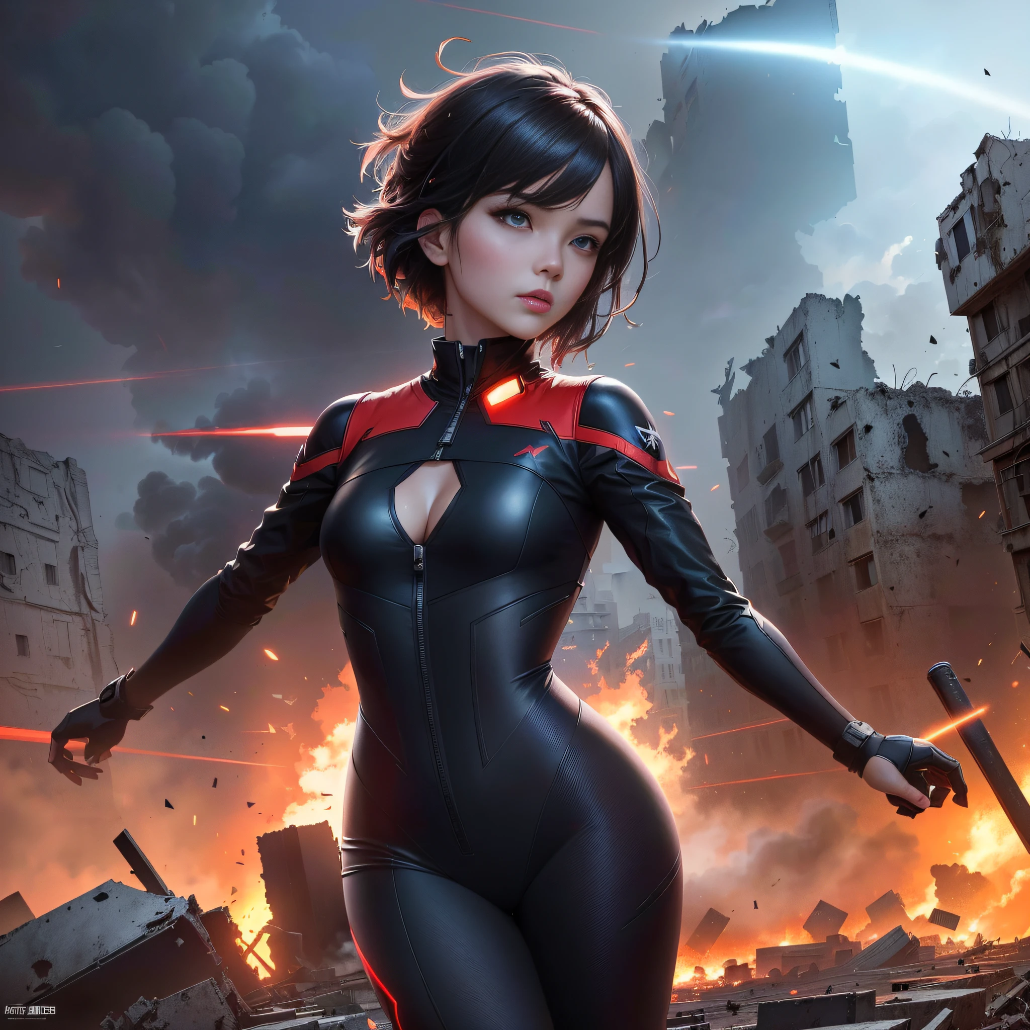 anime girl in a black and red outfit standing in front of a destroyed city, alena aenami and artgerm, Ross Tran 8 K, artgerm and atey ghailan, inspired by Marek Okon, ilya kuvshinov and artgerm, author：Chen Jiesheng, ig model | artgerm, Voitke S., by Yang J
